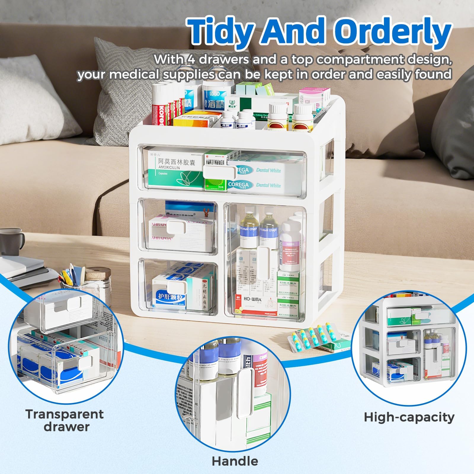 Scatola Medicinali 4 Livelli Organizer per Casa e Ufficio | ABS Trasparente, Per Casa e Dormitorio, Divisori Regolabili