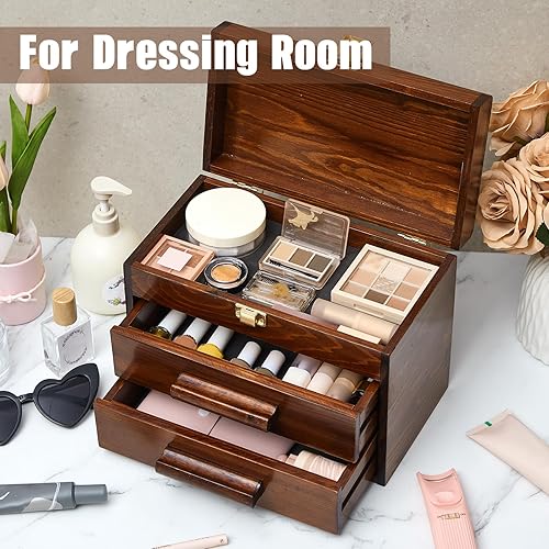 Miniatura 6 de Weysat Mini caja de herramientas de madera de 11 pulgadas con 2 cajones y almacenamiento superior, baúl de herramientas pequeño portátil con forro