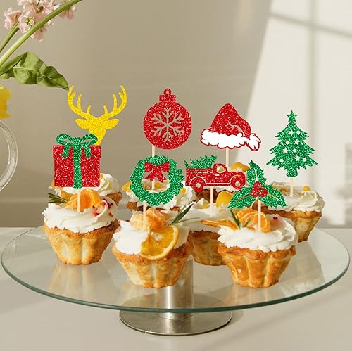 Miniatura 5 de JKQ 36 piezas brillantes para cupcakes de Navidad, hojas de acebo y bayas, sombrero de Papá Noel, árbol de Navidad, cupcake Picks Merry Christmas