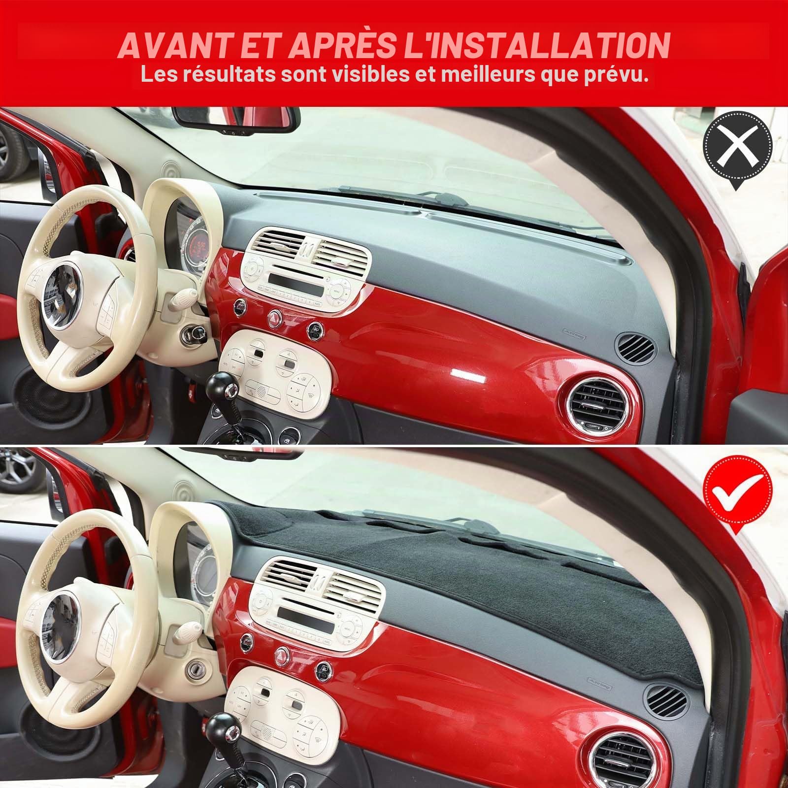 Housse de tableau de bord compatible avec Fiat 500 2008-2023, revêtement intérieur pour tableau de bord de voiture, antidérapant, anti-UV, protection solaire (noir, avec conduite à gauche)