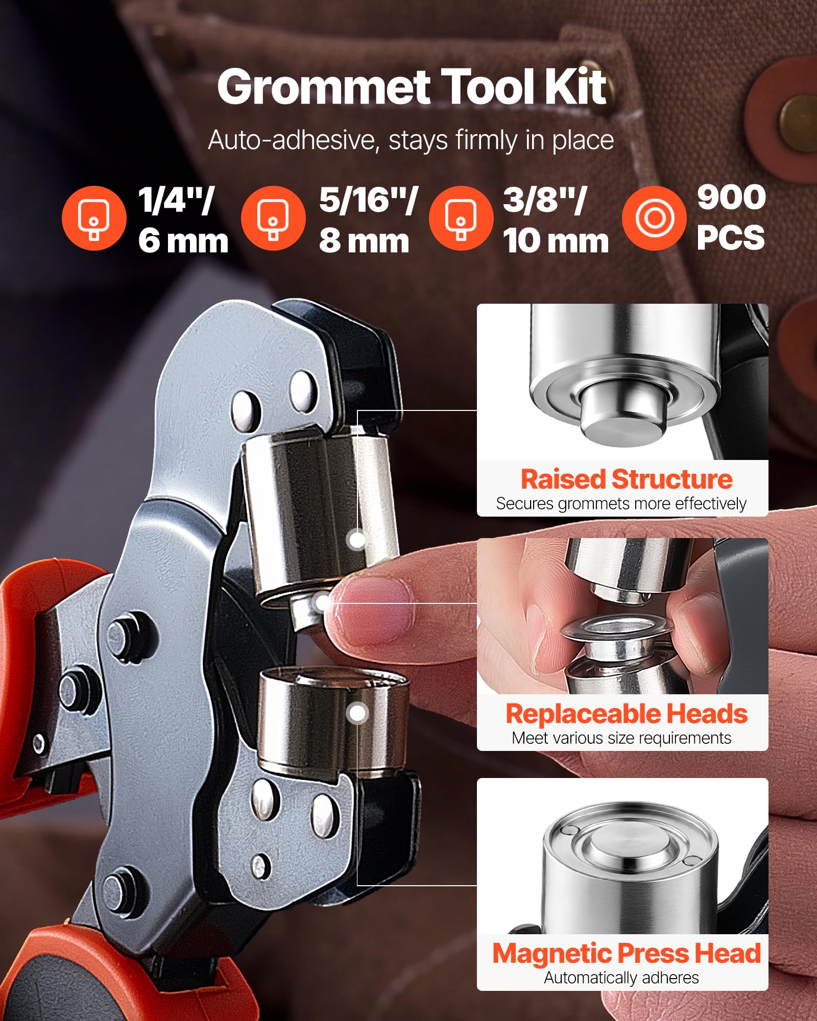 VEVOR Kit di Attrezzi per Occhielli da 6/8/10 mm 900 Pezzi con Rondelle | Pinza Occhiellatrice Manuale, Strumento per Forare Blocchi per Pelle Cuoio Teloni Scarpe Artigianato Tessuto Lavori Fai Da Te