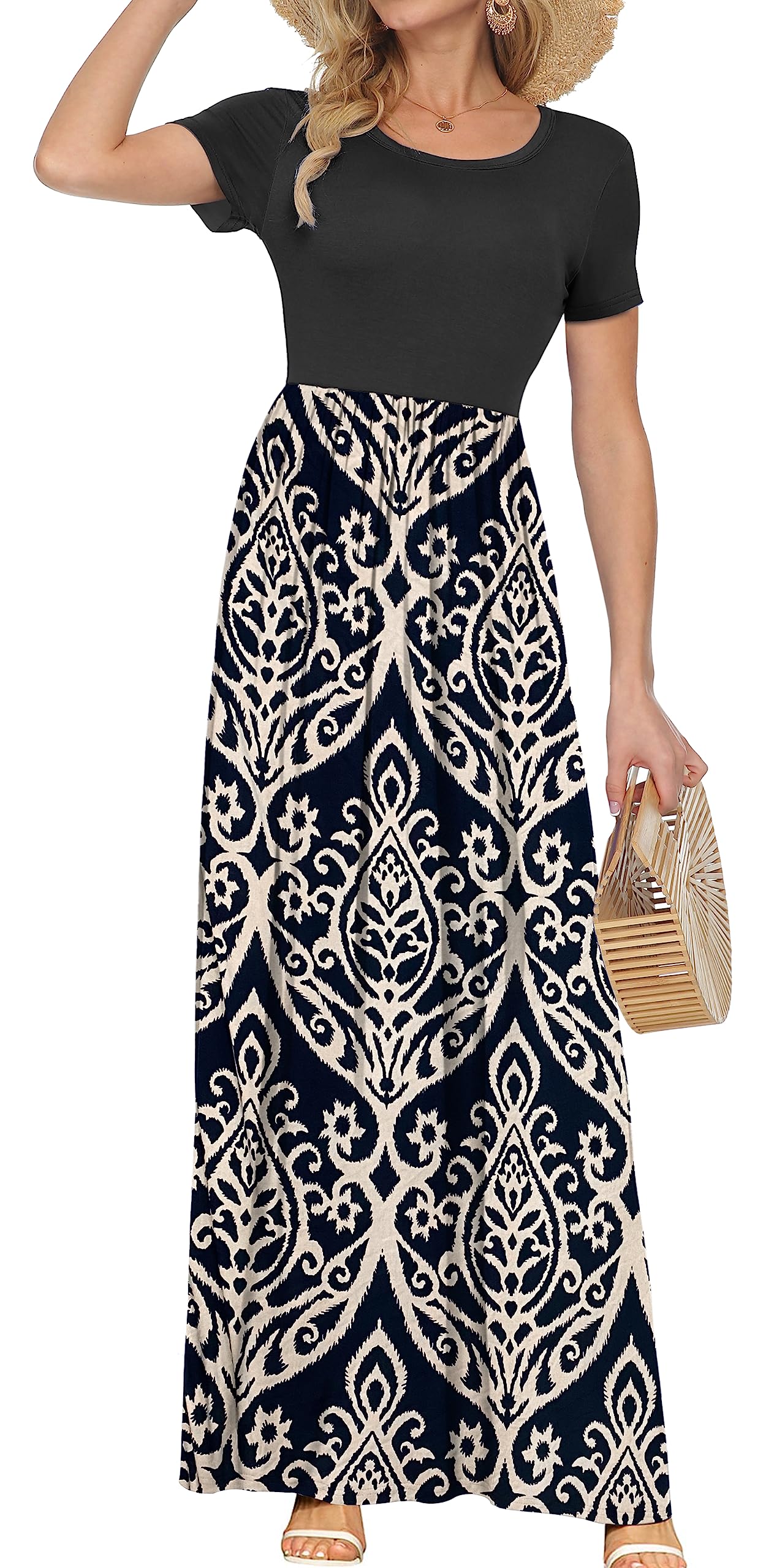 AUSELILY Women's Summer Short Sleeve Loose Plain Casual Long Maxi Dresses | Year Round wear solid floral print, Casual wear, Empire waist, Floor length, Side pockets