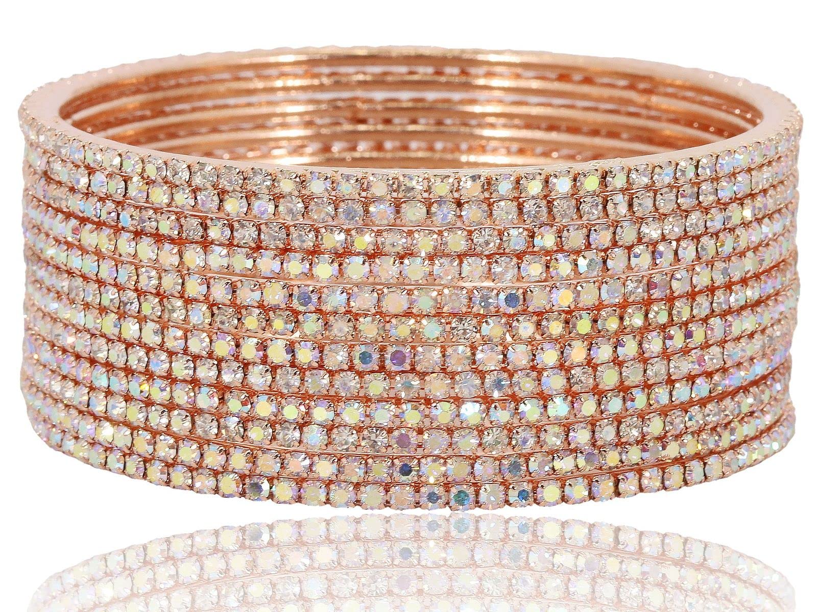 Zircon Gemstone Studded Bangle Set, RoseGold-Rainbow, Pack of 12