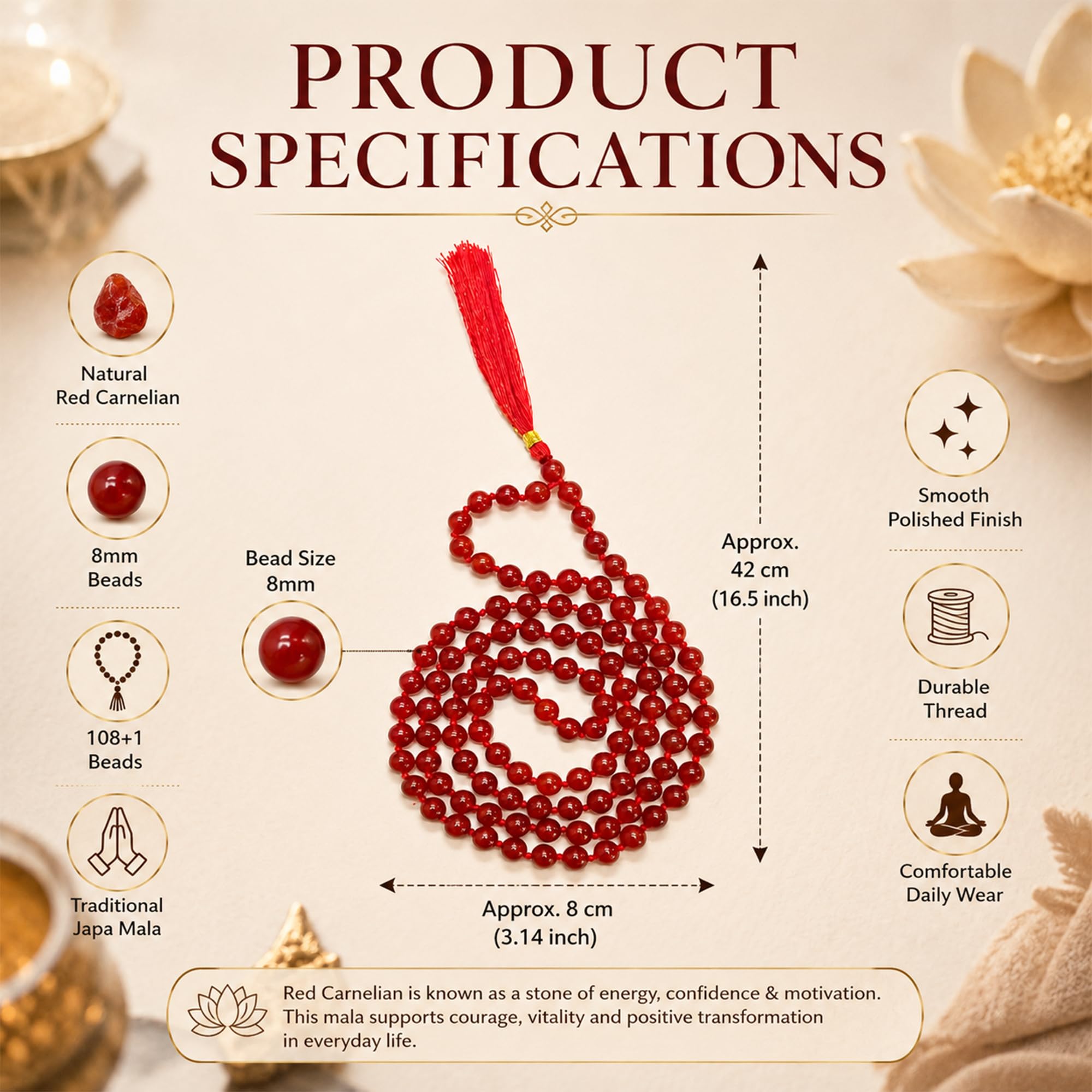 REBUY Carnelian Mala Crystal Healing Stone Mala 108+1 Prayer Beads For Men and Women, Bead Size 8 mm 3