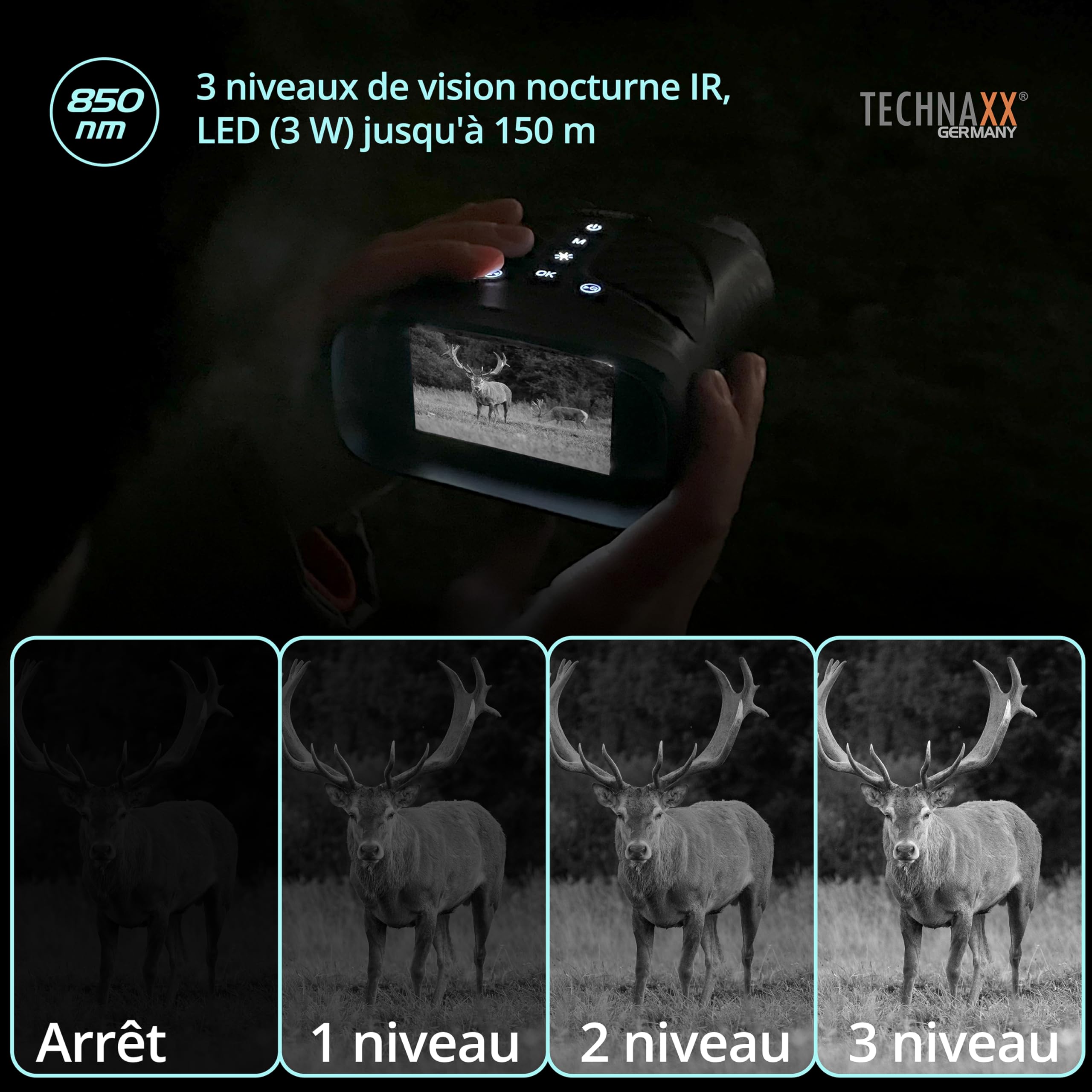 Technaxx Appareil Vision Nocturne – Vidéo Full HD 1080p & Photo 40MP – Grossissement Optique 4X, Zoom Numérique 8X – LED IR 850nm Jusqu’à 150m – Écran IPS 3 Pouces – pour Chasse et Outdoor - TX-257
