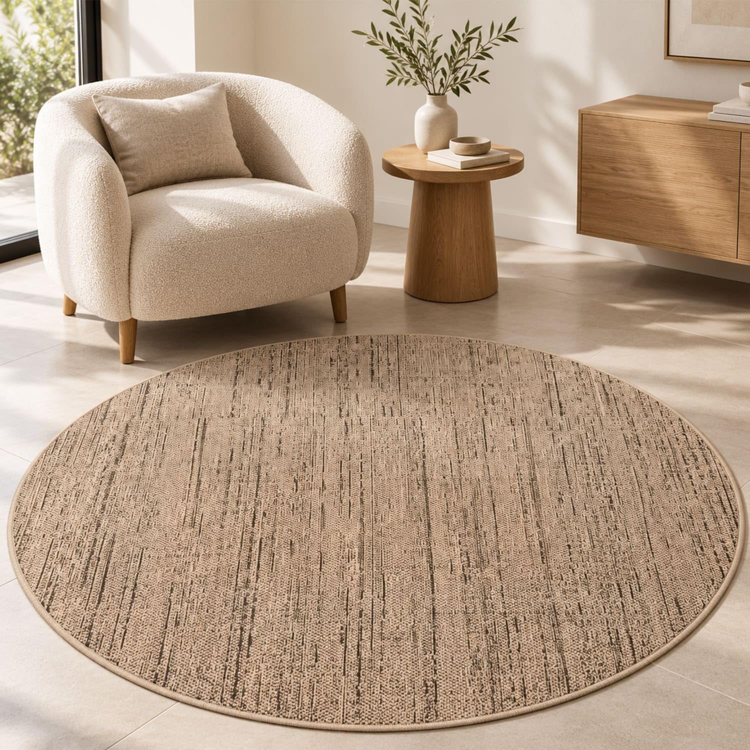 Paco Home Outdoor Teppich wetterfest & langlebig Flachgewebe in moderner Jute-Sisal-Optik in Naturtönen Gemustert Perfekt für Terrasse, Balkon, Garten & Küche, Farbe:Beige, Größe:160 cm Rund