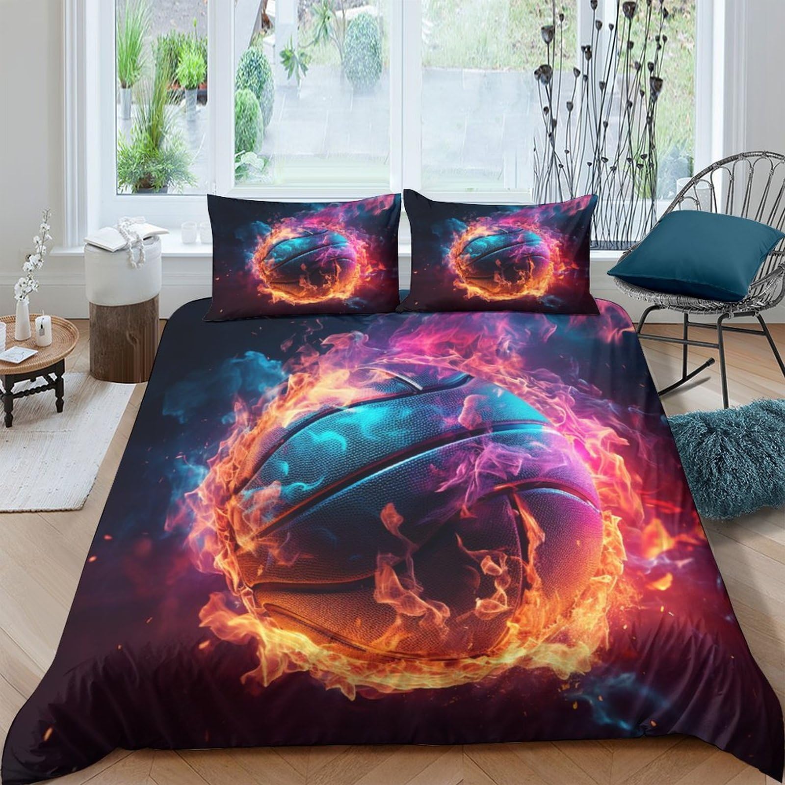 HONGBING Basketball 3D Printed Sports for Boys Girls Comforter Covers Duvet Cover Quilt Cover Bedding Set Soft Microfiber with Pillow Cases with Zipper Closure 3 Pieces Double（200x200cm）