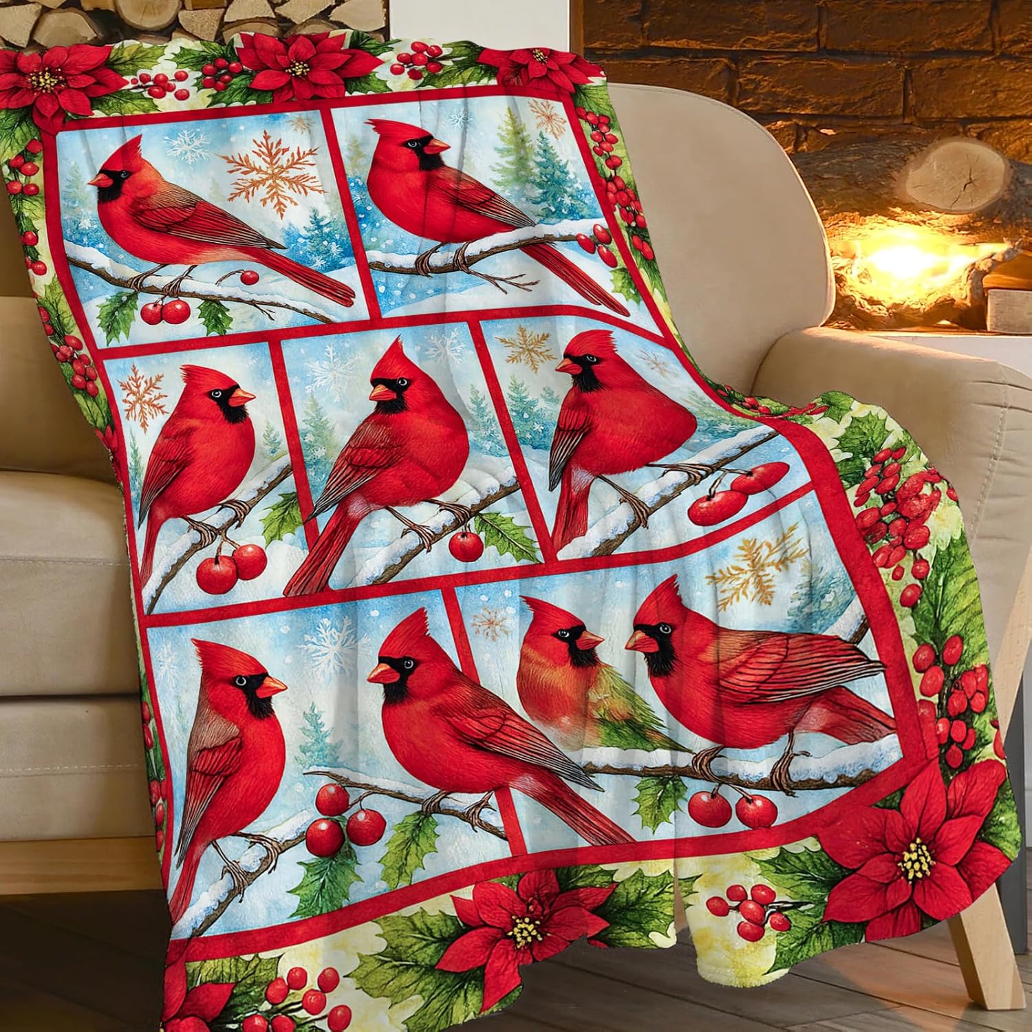 Christmas Cardinal Blanket Gifts for Girls Boys Red Bird Throw Blankets Soft Warm Fuzzy Cozy Fleece Flannel Plush Stuff for Kids Men Women Bed Couch Decor 50"x40"