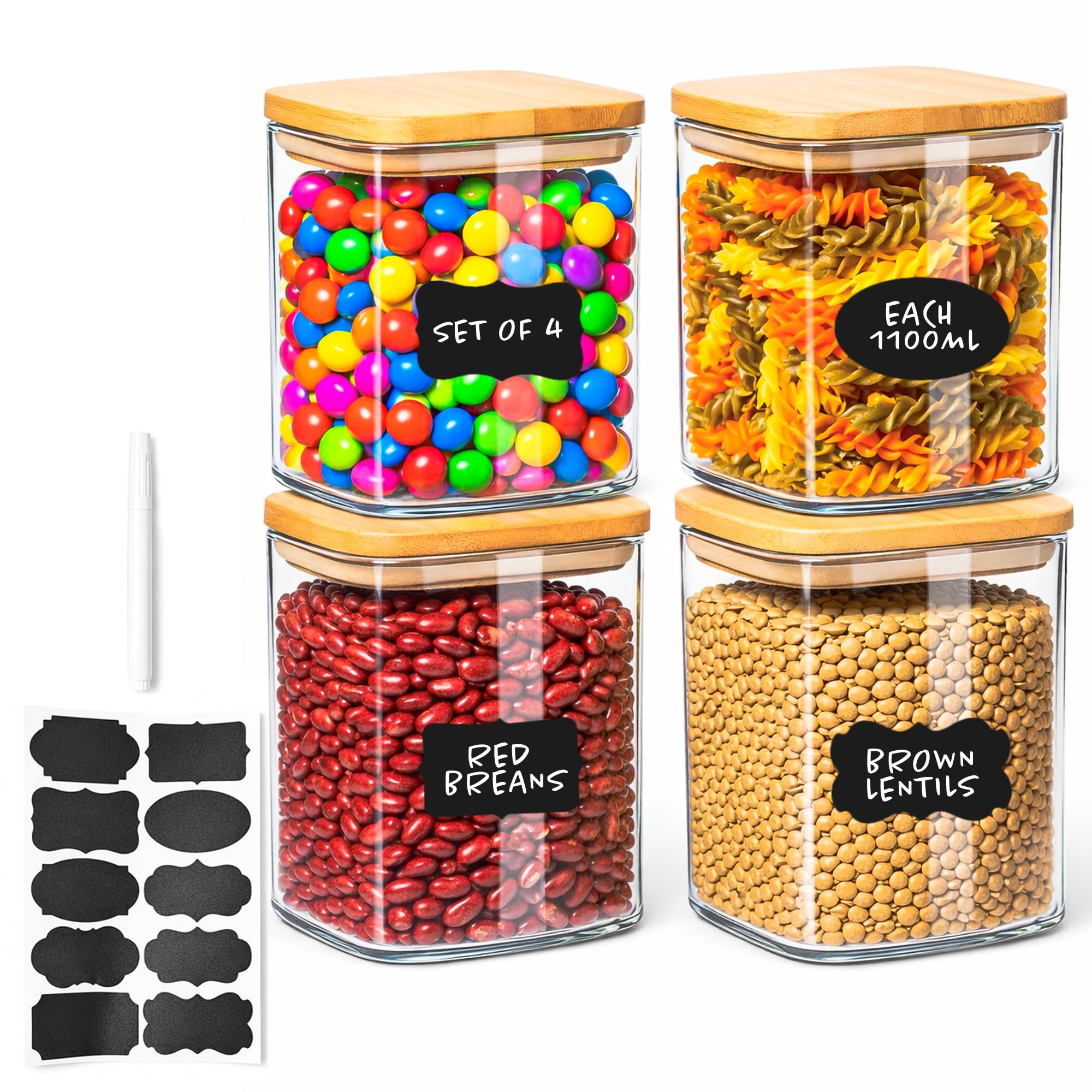 Innoteck 4-Piece Airtight Glass Canister Set, 1.1L Bamboo Lids