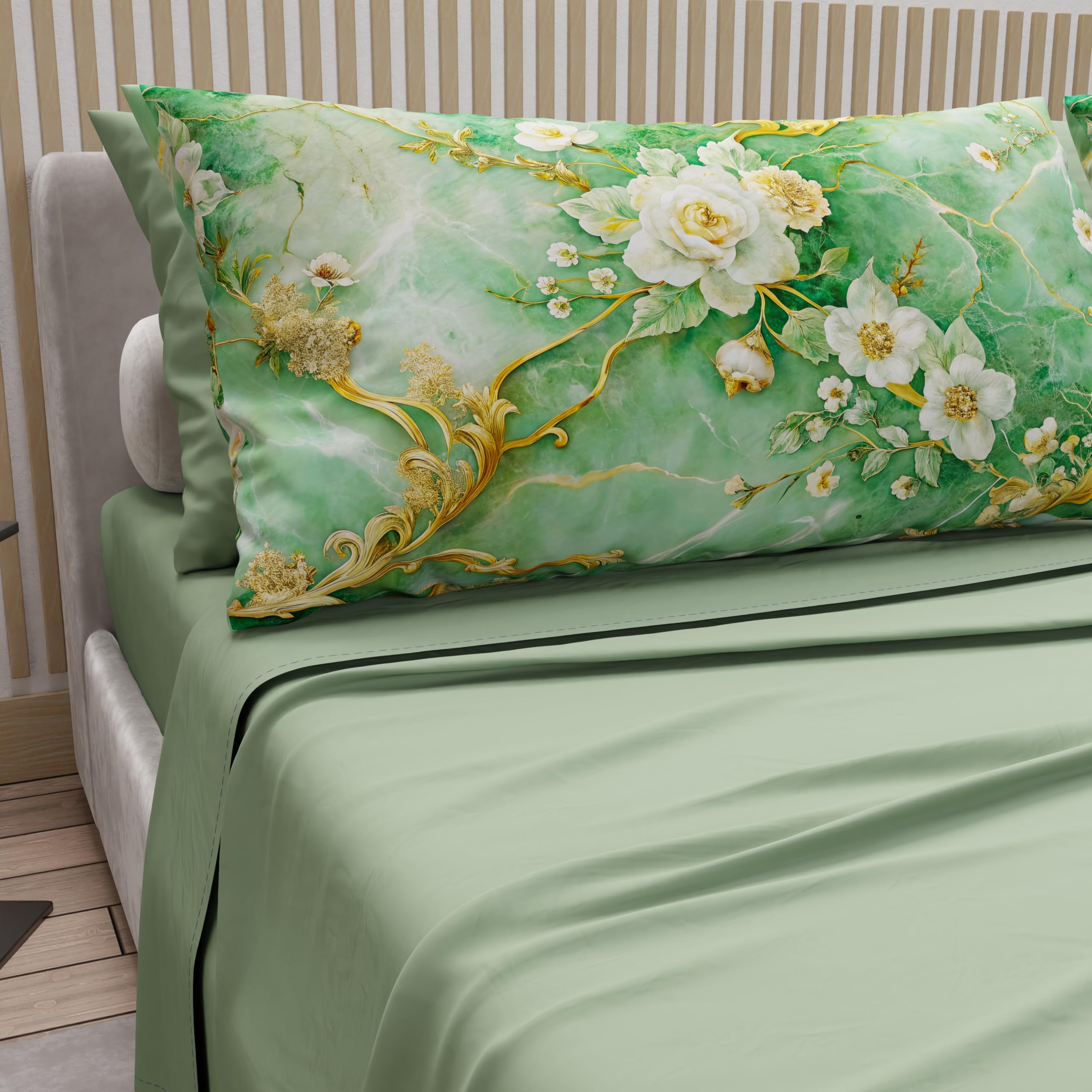 PETTI Artigiani Italiani - Cotton Sheets with Pillowcases in Digital Print, French Queen, Complete Top and Bottom Sheet with Corners, Floral 06 3 Sage, 100% Made in Italy