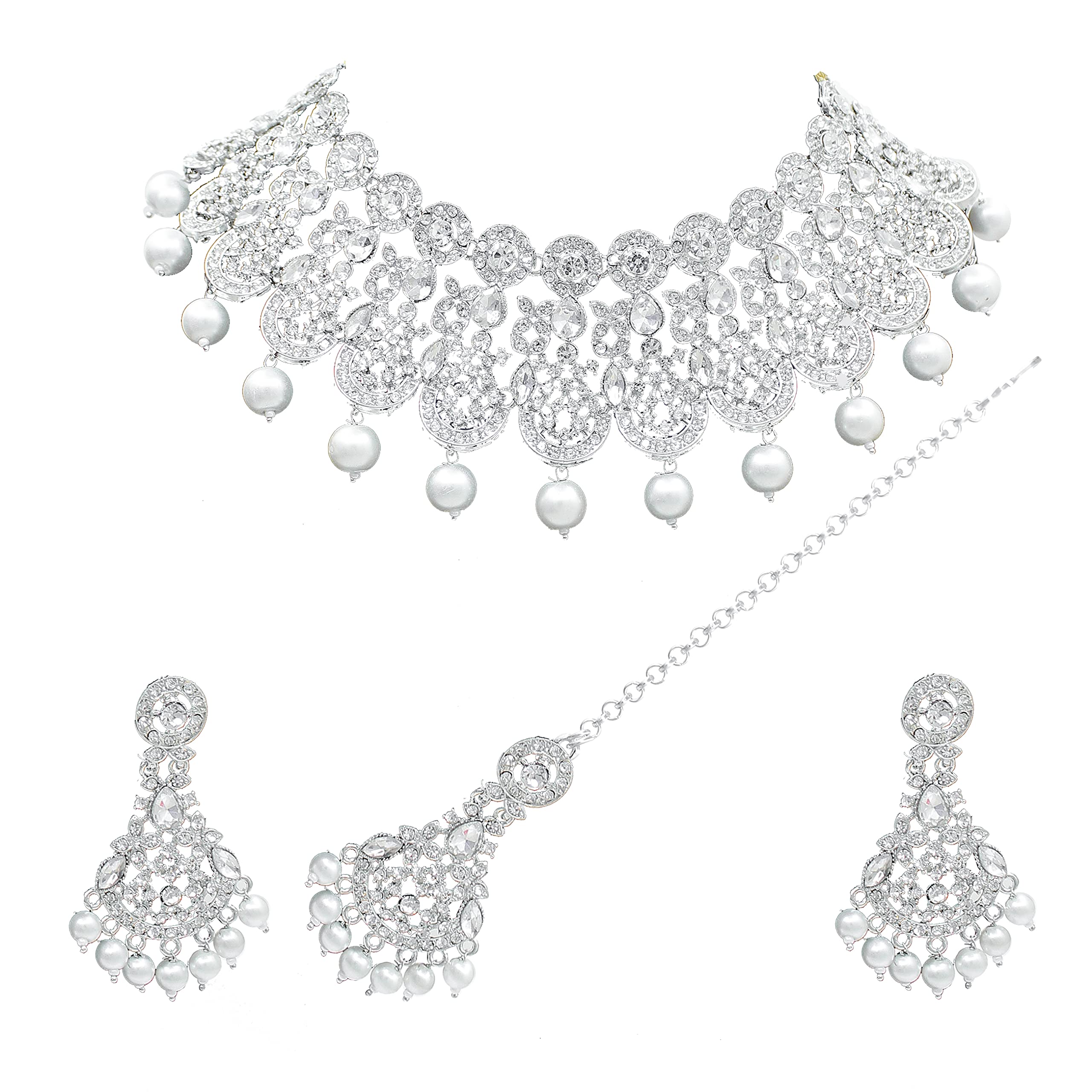 Samyuktha Damski etniczny design austriacki diamentowy choker naszyjnik kolczyk z Maangtikka - biały, metal, bez kamieni szlachetnych, Metal, Bez kamieni szlachetnych