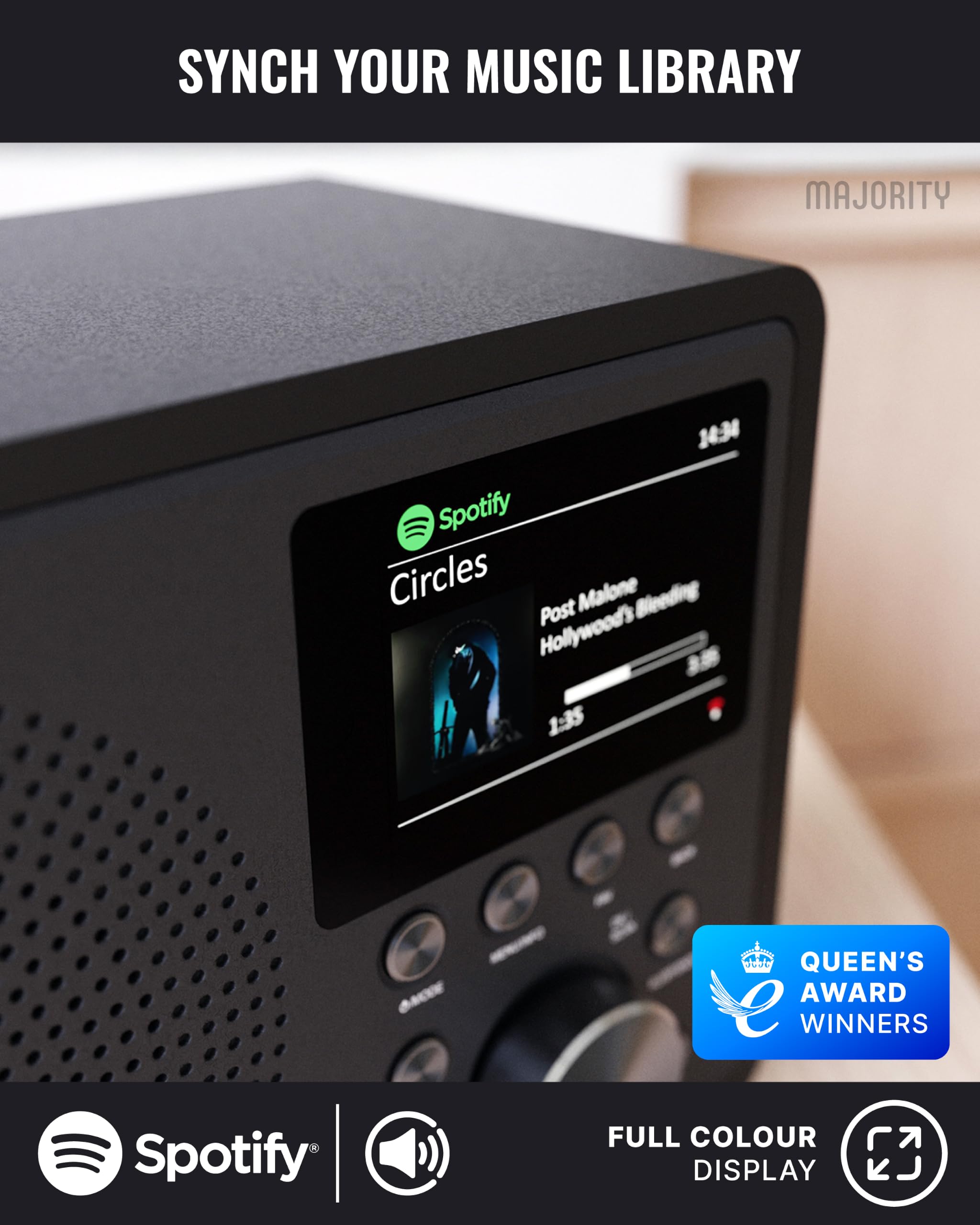 Majority Touro – Radio DAB+/WiFi Portatile Con Spotify Connect, Bluetooth, FM E Sveglie Multiple, Controllo Da App OKTIV