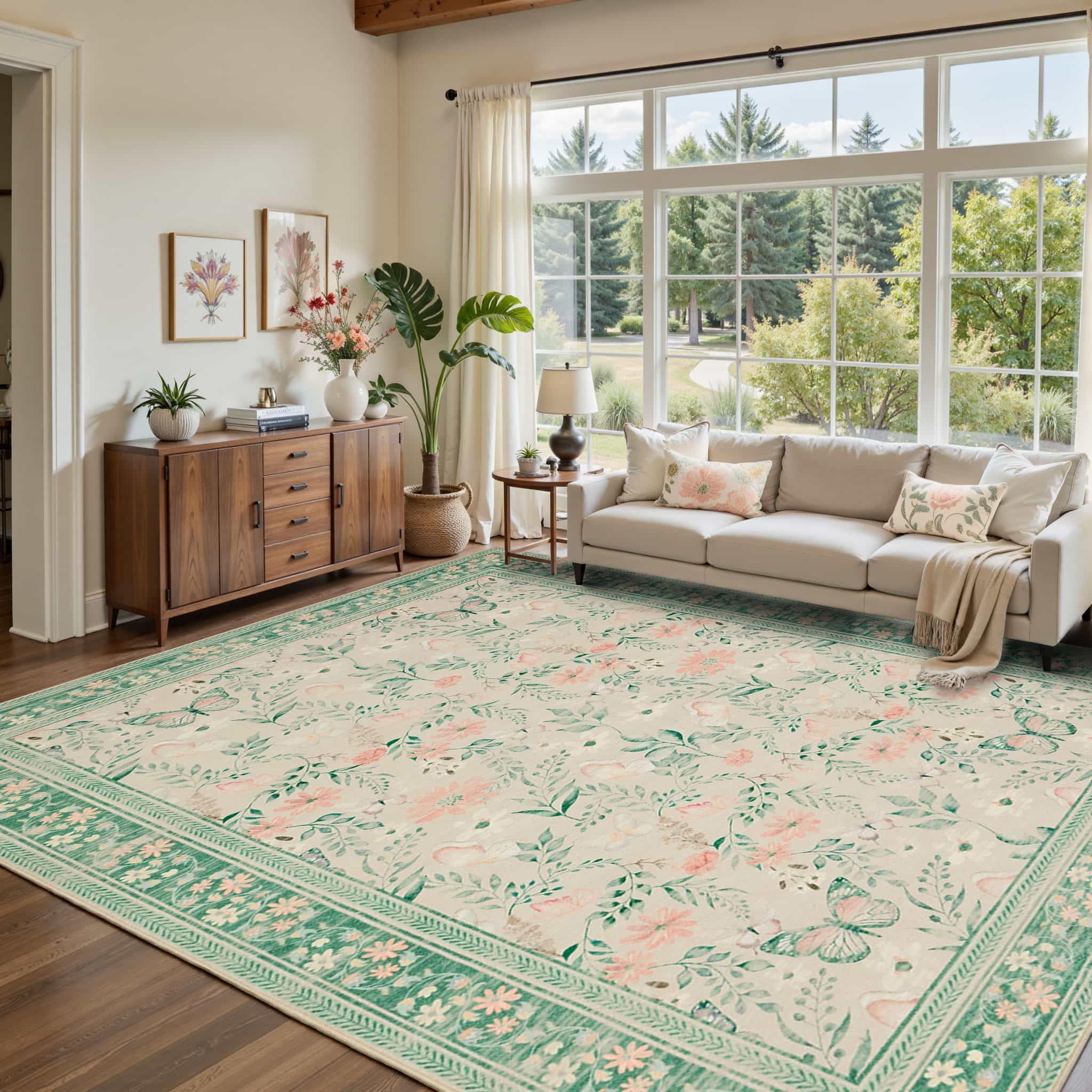 Rugxara 8x10 Sage Green Floral Boho Washable Non Slip Indoor Area Rug