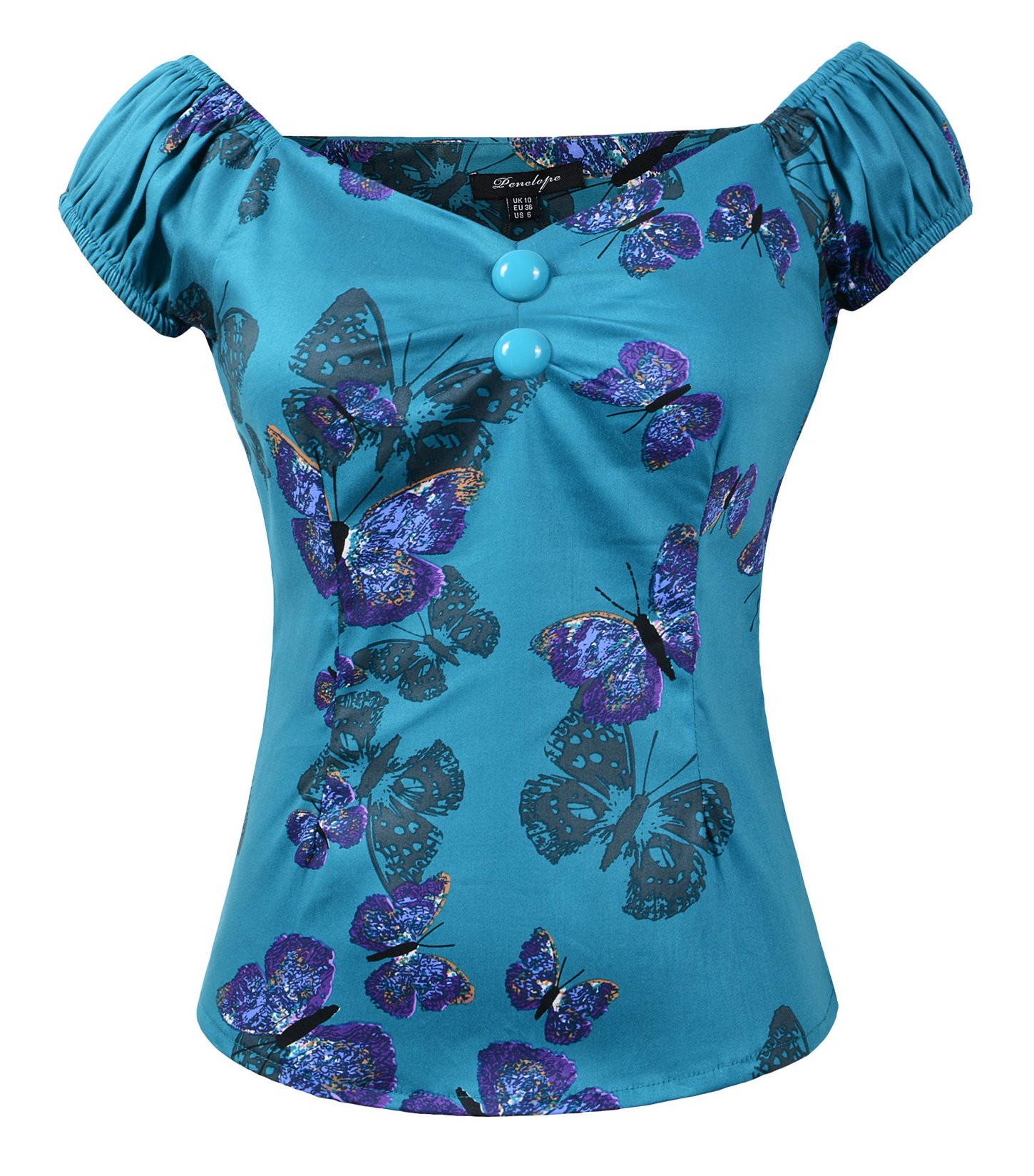 1950s Vintage Retro Dolores Top 50s Rockabilly Pinup, Butterfly&turquoise, 20
