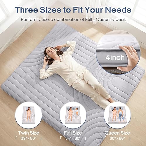 Miniatura 4 de ZonLi Colchón de futón japonés extra grueso, acolchado vintage a rayas, tamaño individual, almohadilla portátil para dormir para adultos