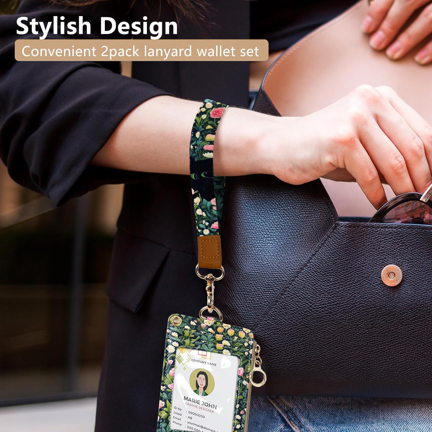 2-in-1 ID Badge Holder & Lanyard Wallet Cute Women Leather Zip ID Case Wallet with Breakaway Wrist and Neck Lanyard - Image 4