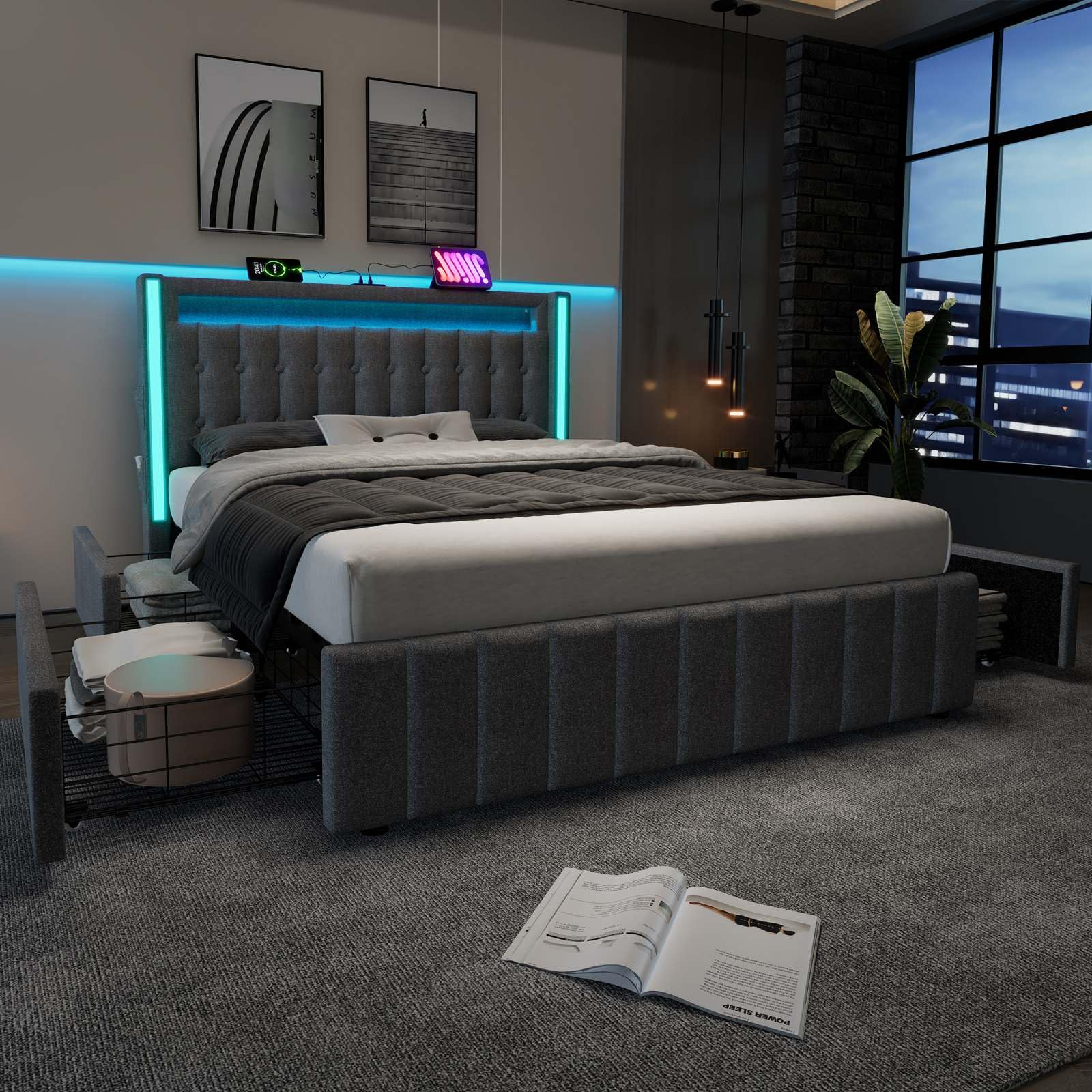 KOMHTOM Lit Rembourré avec Fonction de Recharge USB Type C, Lit LED avec 4 tiroirs de Rangement, Cadre de lit pour Adolescents, Adultes, Gris(sans Matelas) (160x200cm)