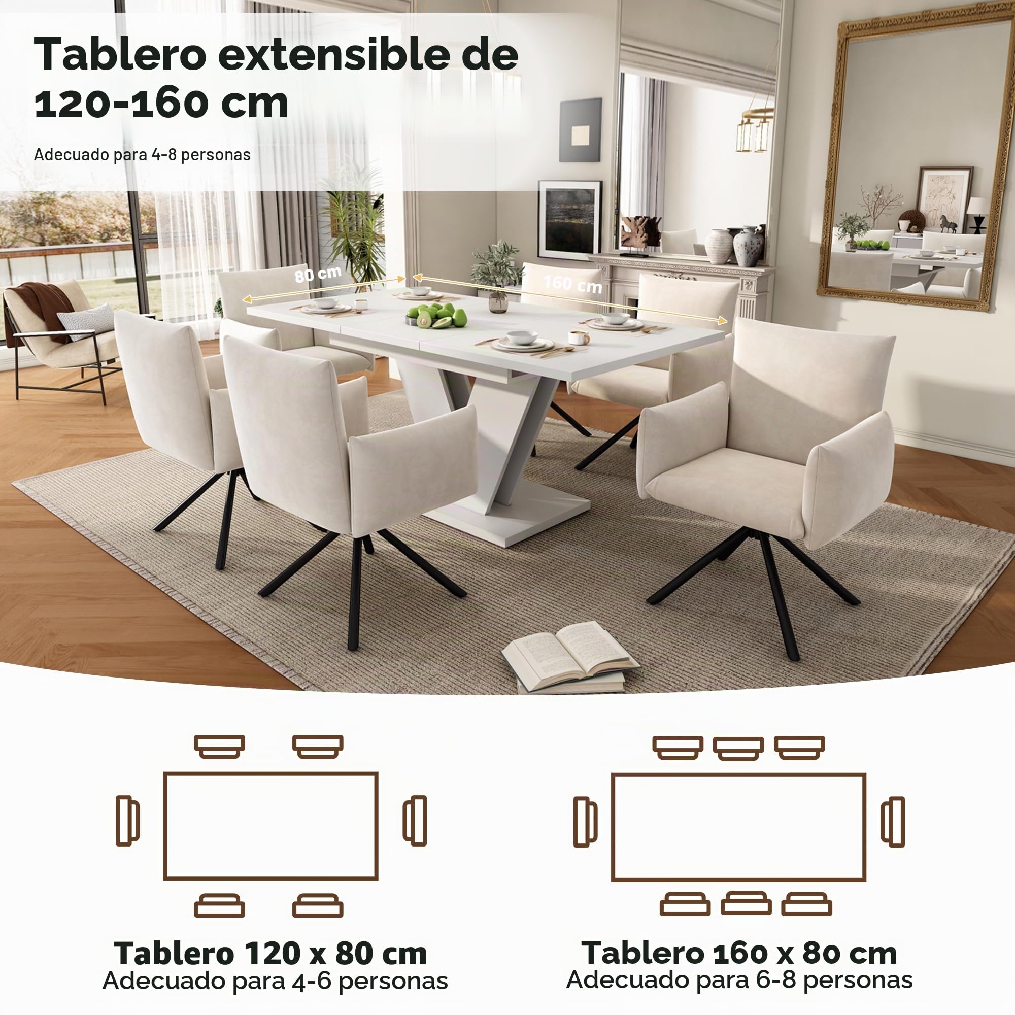 Mesa de comedor extensible 120/160 x 80 x 75,5 cm, adecuada para 4-6 personas, mesa rectangular de madera, mesa de madera gruesa, patas en forma de V, mesa de comedor extensible, color blanco