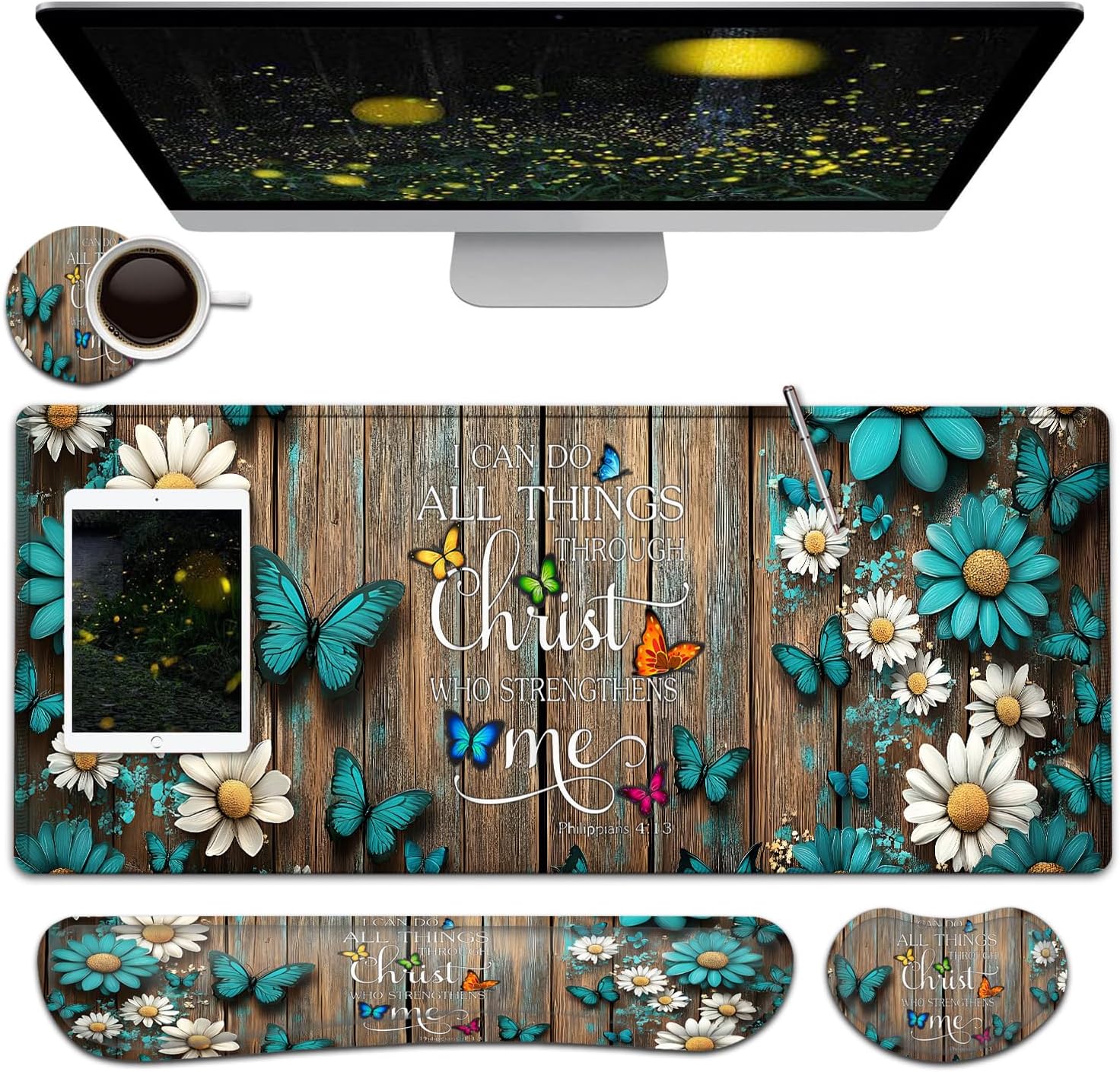 Large Mouse Pad + Keyboard Wrist Rest Set, Extended Gaming Mousepad (31.5X11.8 inch) with Non-Slip Rubber, Ergonomics Memory Foam Mouse Wrist Rest Support, Wooden Wall Philippians 4:13 XXL Desk Pad