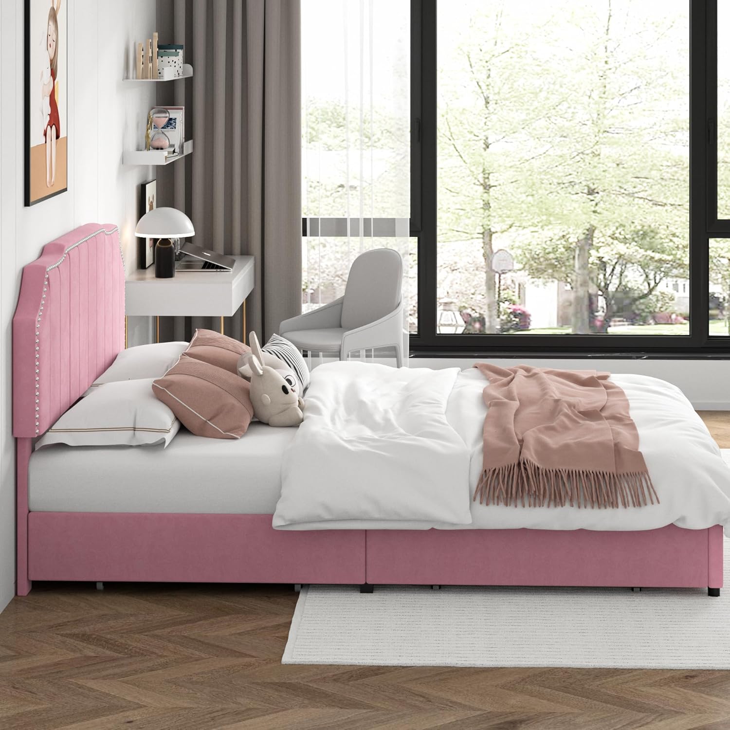 VECELO Full Bed Frame Upholstered Platform with 4 Storage Drawers & Tufted Adjustable Headboard/Mattress Foundation/Wood Slat Support,Easy Assembly,Pink