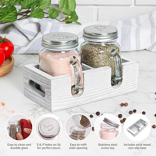 Miniatura 2 de Mason Jar Salero y pimentero - Juego de coctelera de vidrio con soporte de madera, fácil de limpiar y rellenar para mesa de cocina de granja, hogar