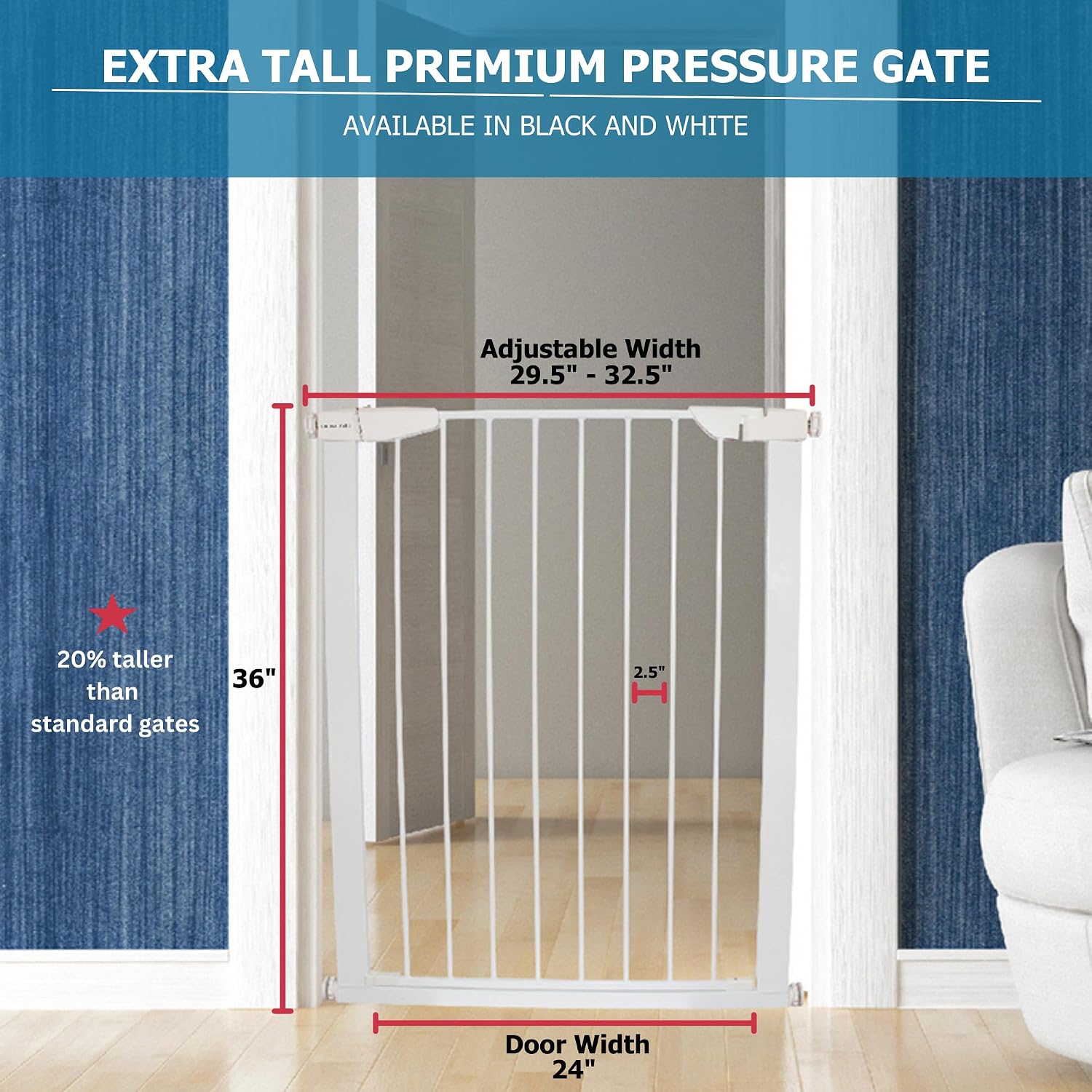 Cardinal Gates XTPPG Extra Tall Pressure Mounted Baby Gate - Adjustable Indoor Dog Gate - 36 Inch Tall Steel Safety Gate for Kids & Pets - 29.5 to 32.5 Inches Wide - White