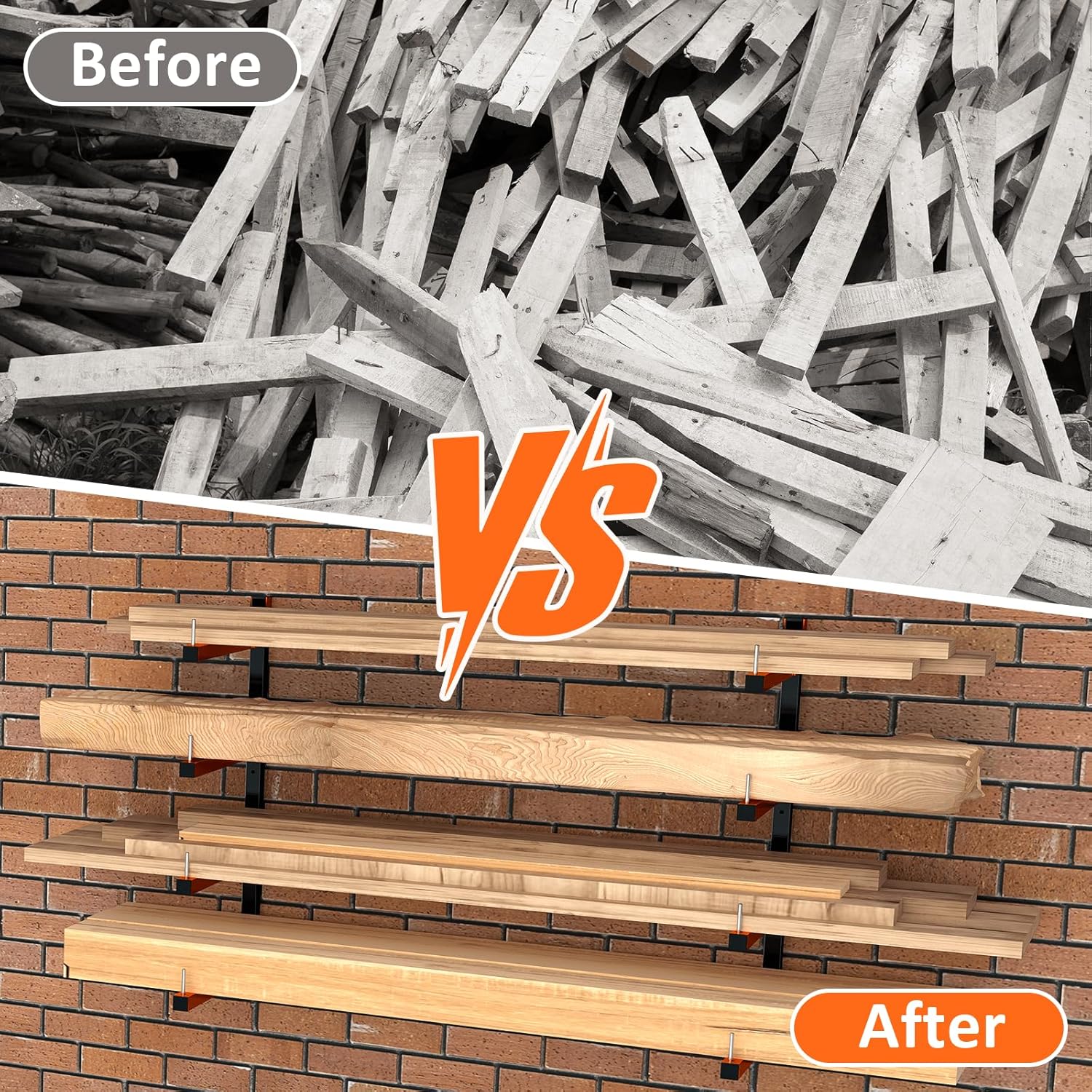 2 Pack Lumber Storage Rack, Wall Mount Removable Lumber Rack with 4-Level Holds Up 520 Lbs, Heavy Duty Metal Garage Wood Organizer for Workshop, Basement, Indoor and Outdoor (2 Pack-4 Level) - Image 7