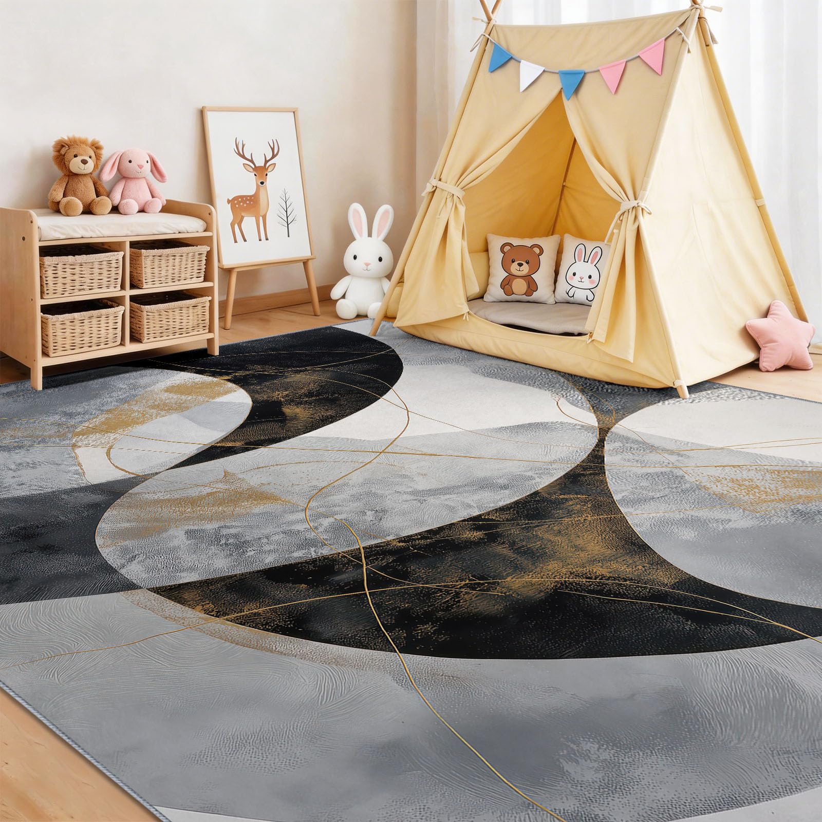 Modern Minimalistisch Kinderteppich Abstrakte Kurven Kreise, 180 x 240 cm | waschbar Pflegeleicht rutschfest strapazierfähig hautsympathisch, für Schlafzimmer Wohnzimmer Esszimmer Küchen Büro