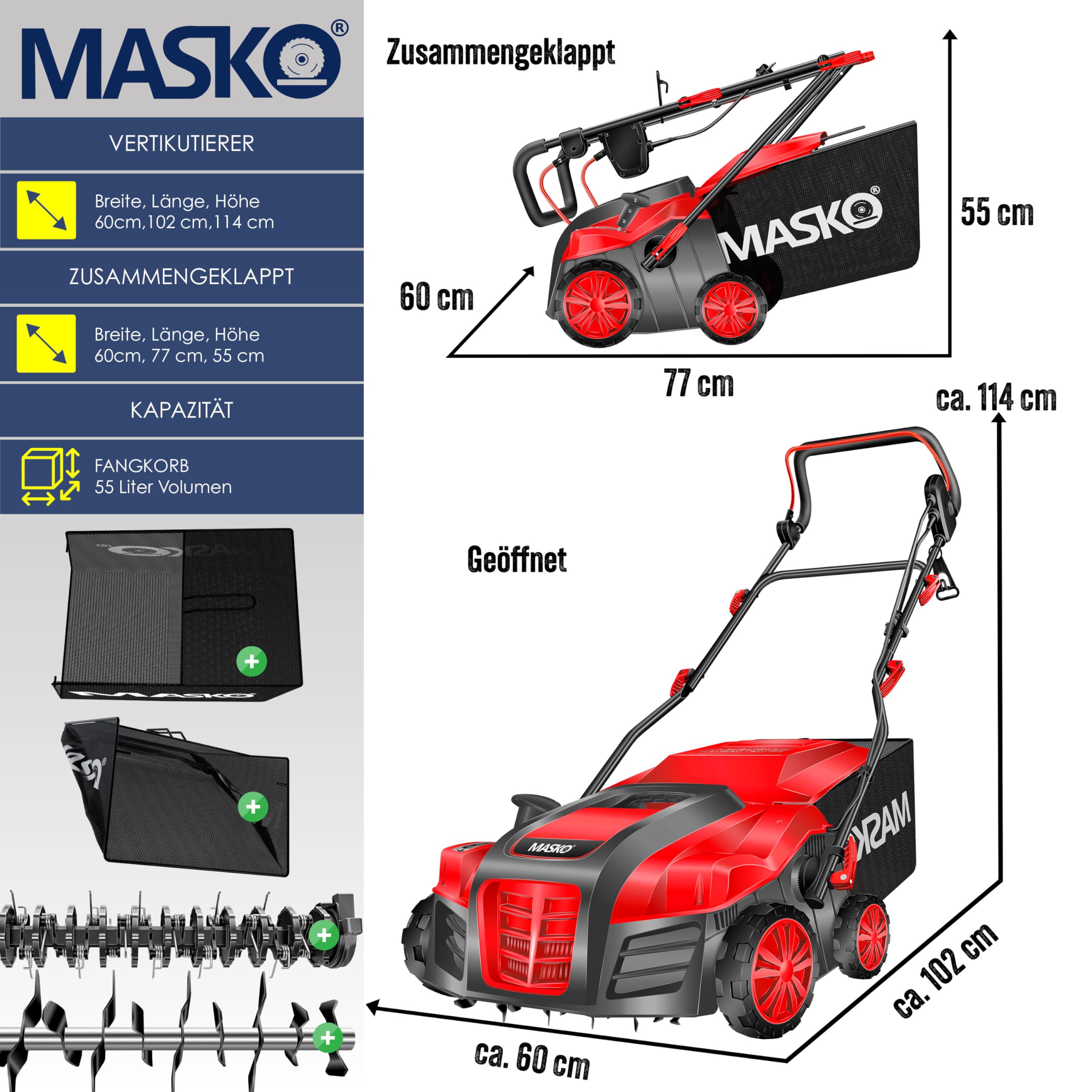 MASKO® Scarificateur électrique 2 en 1 Aérateur de gazon 1 800 watts largeur de travail 40 cm bac de ramassage 55 L incluant rouleau de ventilation aérateur démousseur, profondeur de travail, rouge