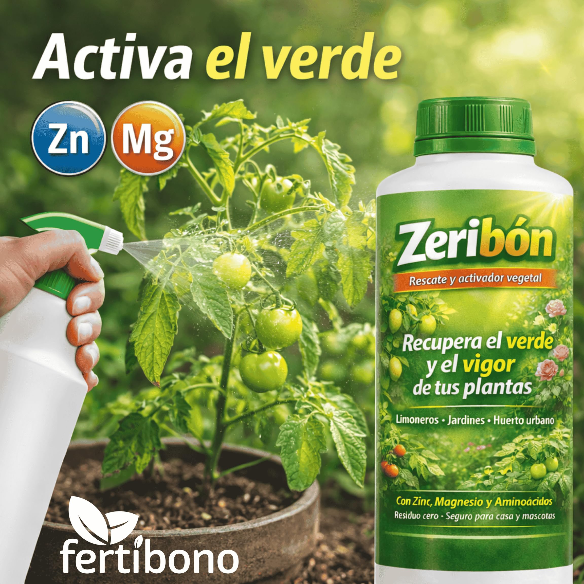Zeribon 1L – Activador nutricional para plantas debilitadas | Recupera color y vigor en limoneros, rosales y huerto | Con Zinc, Magnesio y Aminoácidos | Uso doméstico seguro