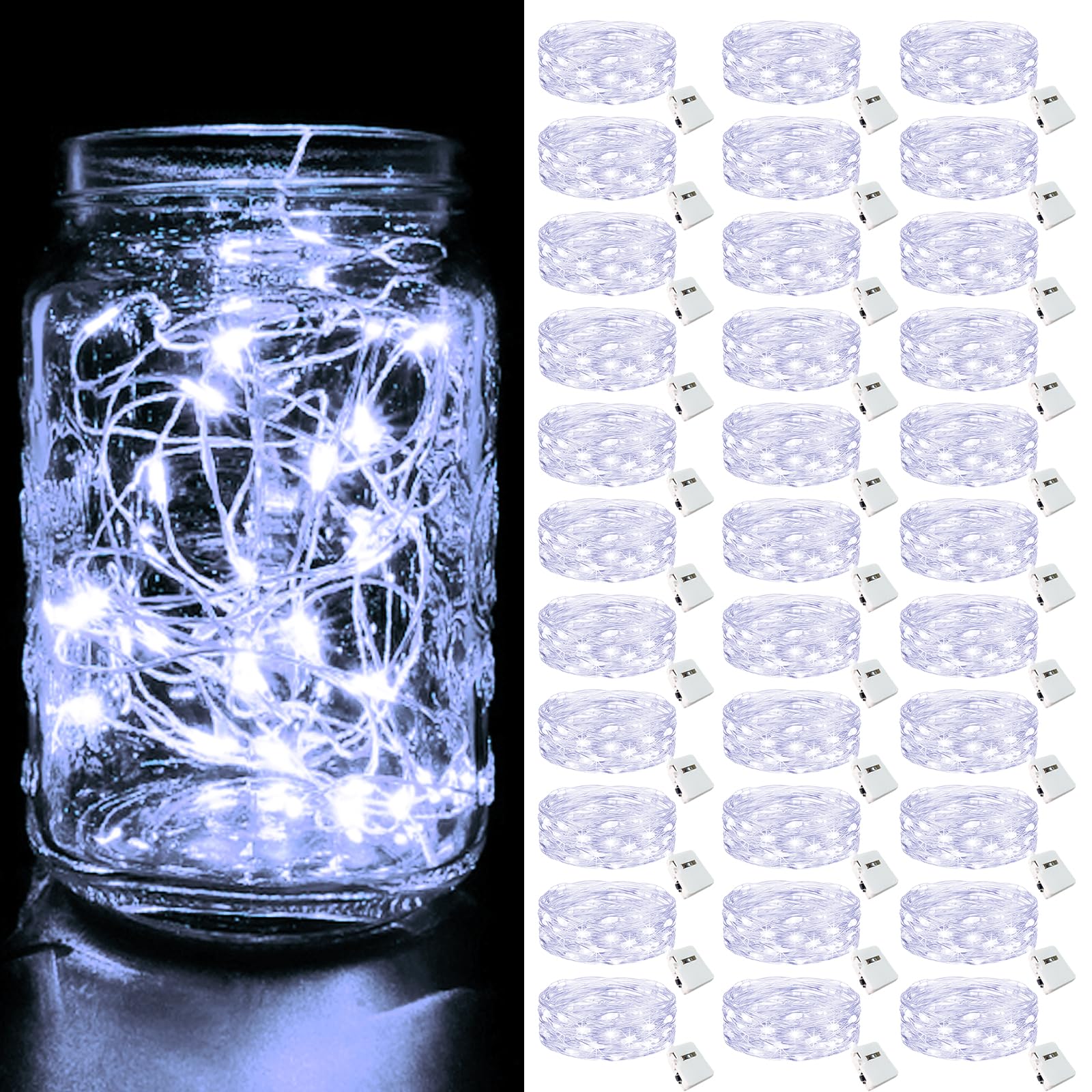 Muiltvoe Cool White 30 Pack Led String Lights Battery Operated, 2M 20Led 3 Modes Small Fairy Lights Battery Powered, Ip65 Waterproof Copper Wire Mini Bottle Lights Indoor Outdoor For Jars, Christmas, Party,