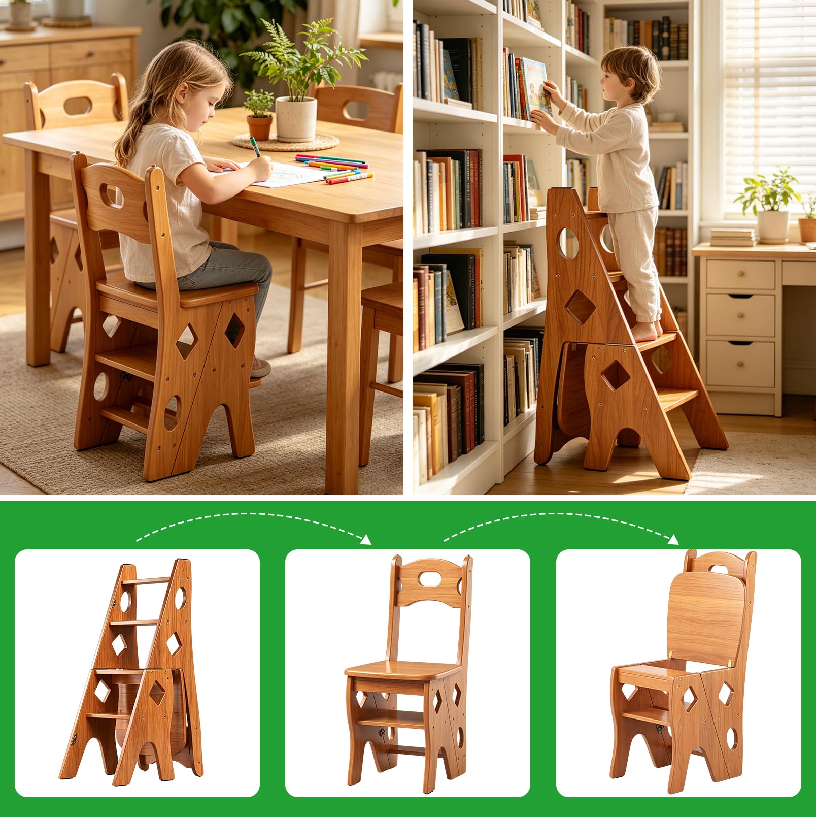 4 Marches Escabeau, 2-en-1 Marchepied et Chaise, Marchepied Domestique | Chaise de Bibliothèque Pliante en Bois Massif (Charge Maximale 180 kg), Escabeau pour Cuisine, Maison et Bibliothèque