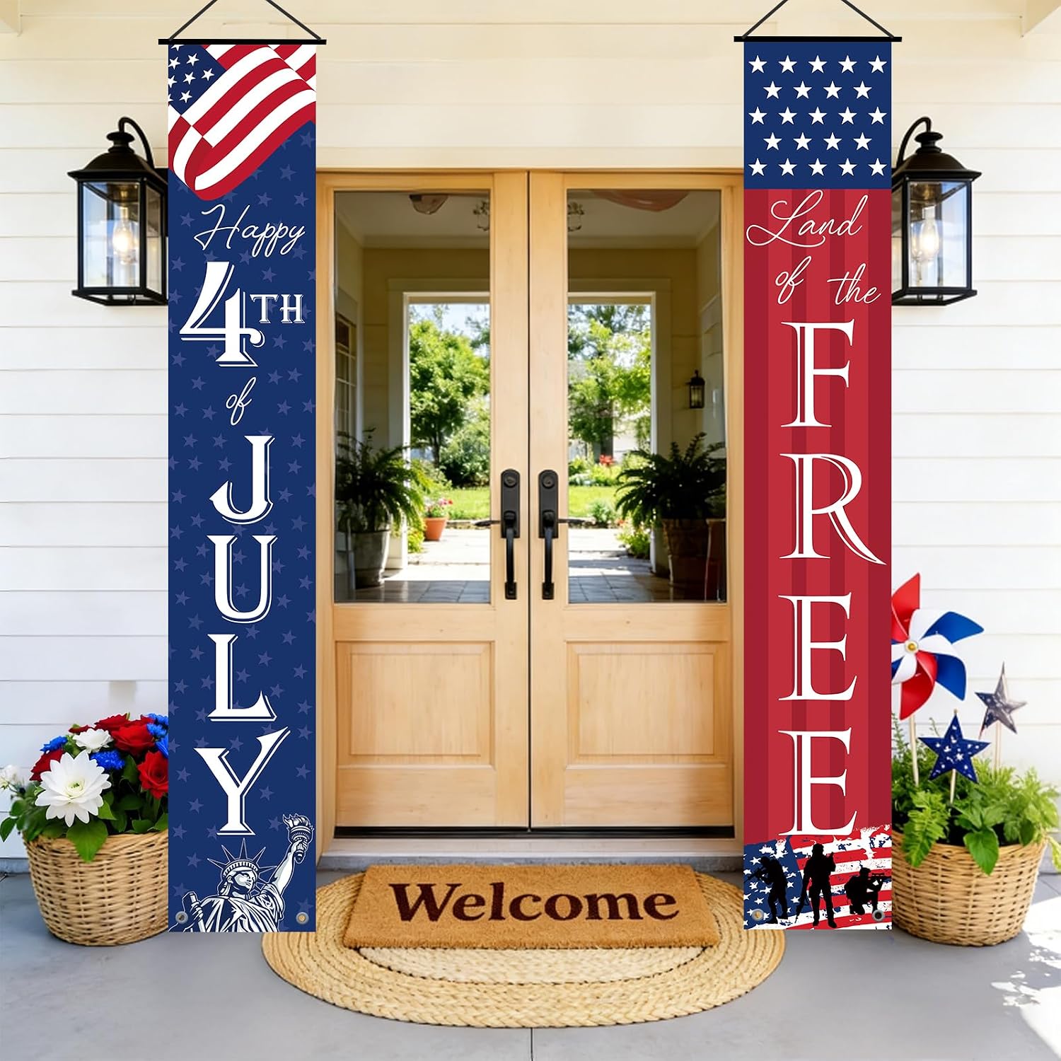 4th of July decorations for Home, Red White and Blue Outdoor Decor Independence Day Hanging Banner, 4th of July Porch Sign for Front Door Welcome, Patriotic Party Supplies