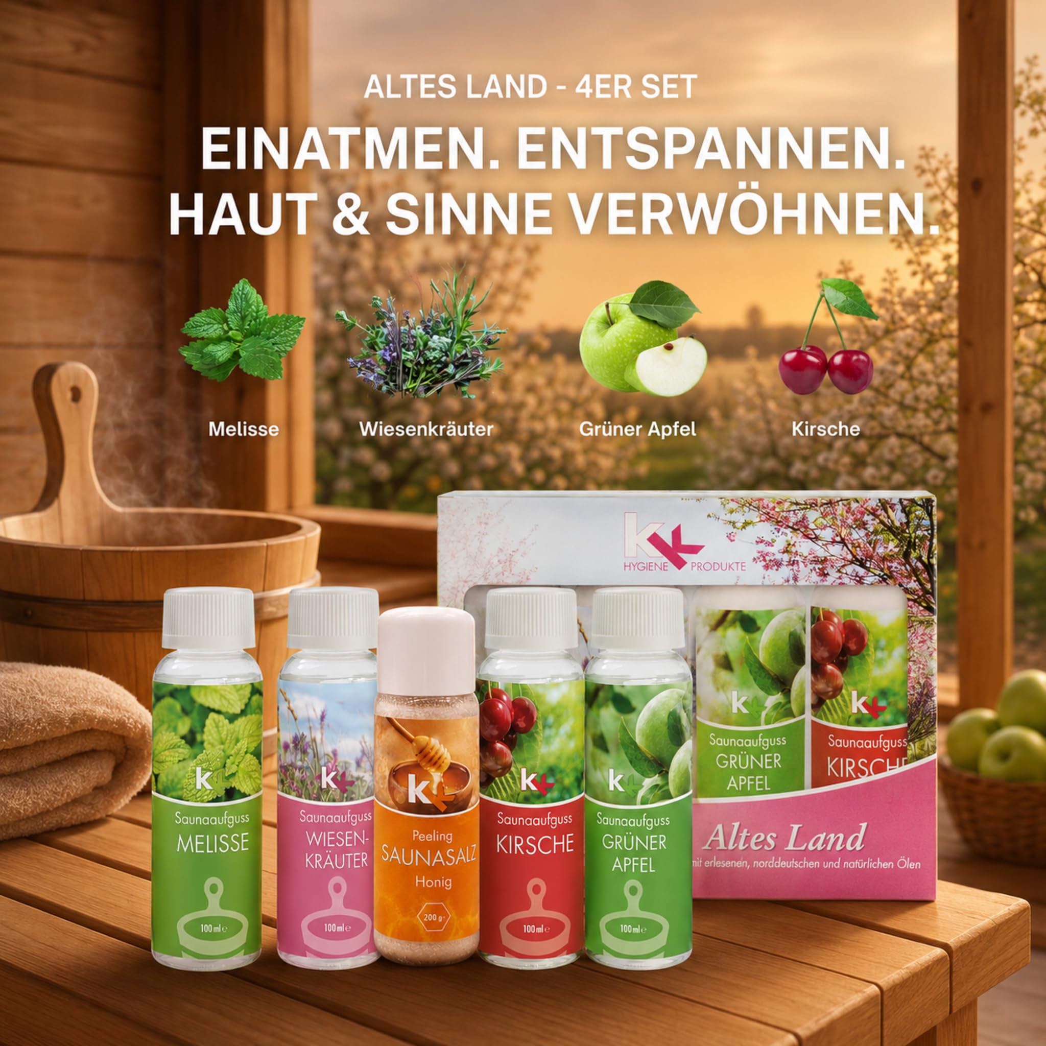 Saunaaufguss Set Altes Land 4x100ml + Honig Saunasalz Peeling – Melisse, Wiesenkräuter, Grüner Apfel & Kirsche – Hochkonzentriert – Fruchtig-frisches Sauna Geschenkset – Made in Germany