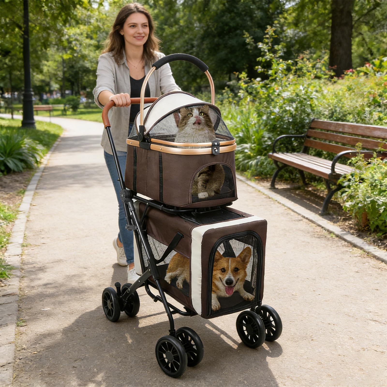 Faltbarer Transportwagen für zwei Tiere bis zu 15 kg pro Tier Transportbox Transporttasche Hundekäfig 4 stoßdämpfende Räder (Braun)