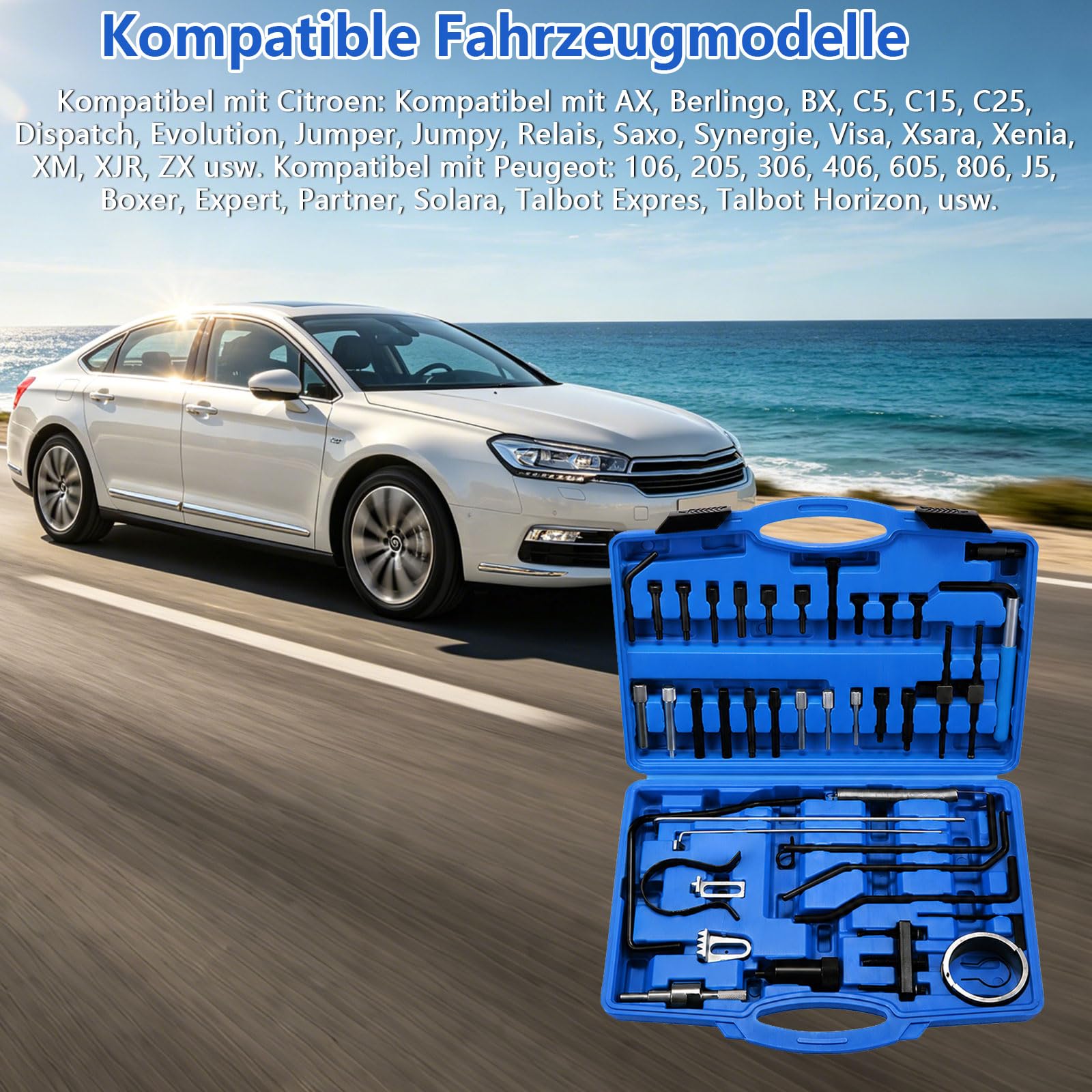 Set di 42 strumenti di regolazione del motore per Citroen | Strumento per cinghia dentata, compatibile con modelli Peugeot, Citroen e PSA, con motori TDI e HDI (diesel e benzina)