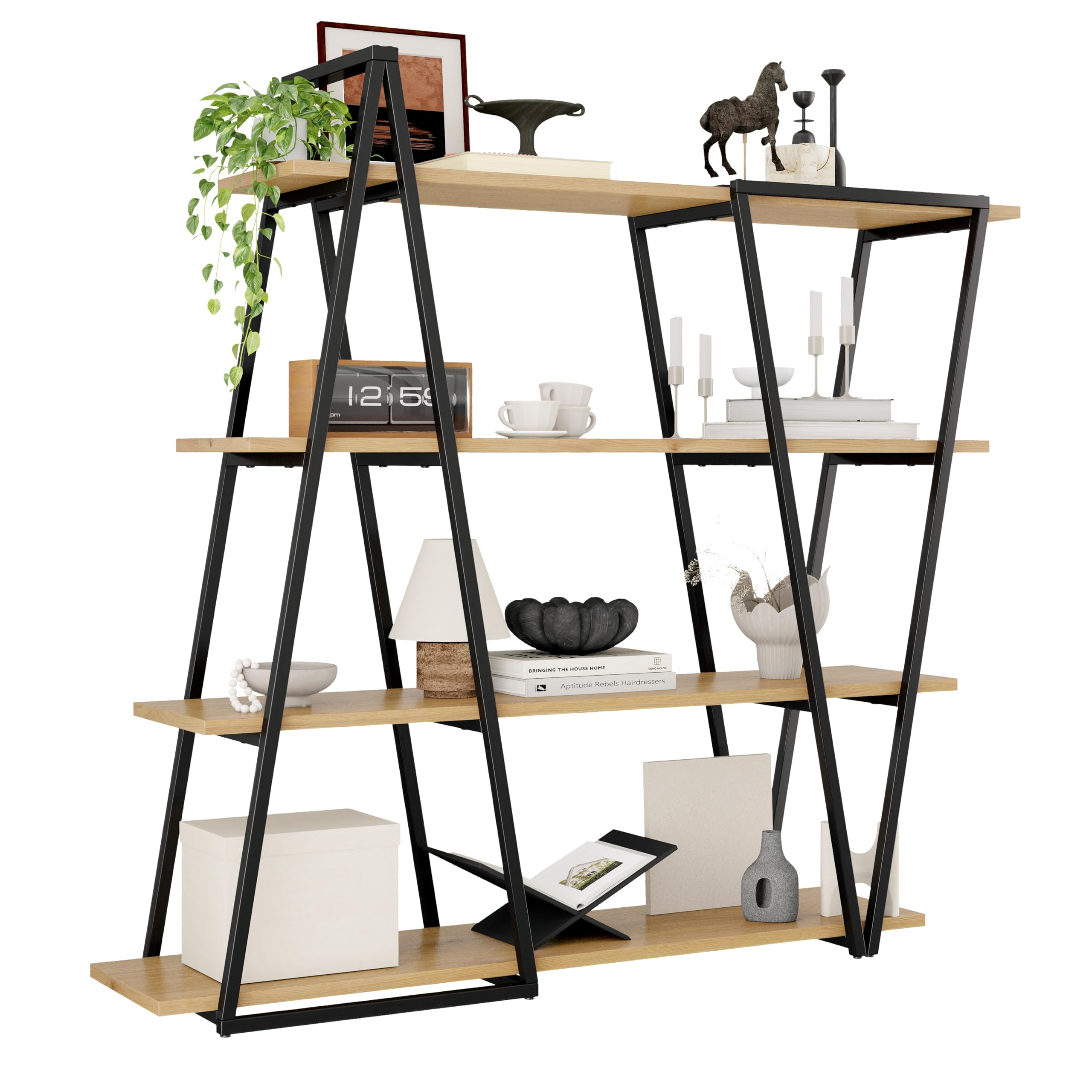 158×35×166 cm Geometrisches Stehregal – Bücherregal/Offenes Metallregal mit 25 mm Verdickt MDF-Holzböden, Dreiecksdesign, für Wohnzimmer, Küche & Arbeitszimmer,Regal - Bücherregal