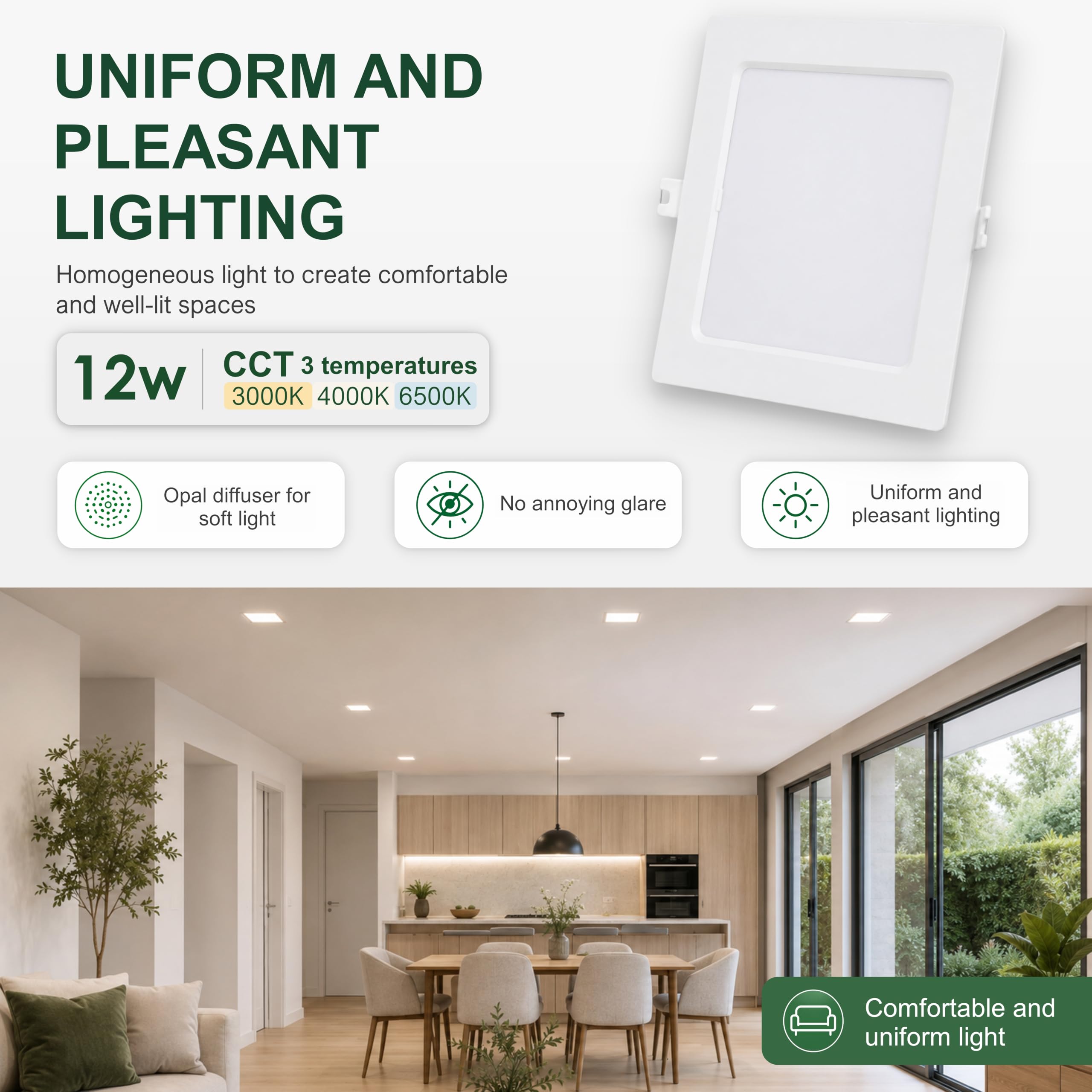 CLAR – Faretto quadrato da incasso 12 W, Downlight per bagno, lampadario moderno per ufficio o camera da letto, CCT (3000ºk-4000ºk-6500ºk) (Pack 10)