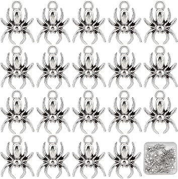 SUNNYCLUE 1 Box 50Pcs Halloween Spider Charm Antique Sliver Spider Pendants Alloy Halloween Night Spider Pendants Bulk for Jewelry Making Charms Bracelet Necklace Earring Keychain DIY Finding Supplies