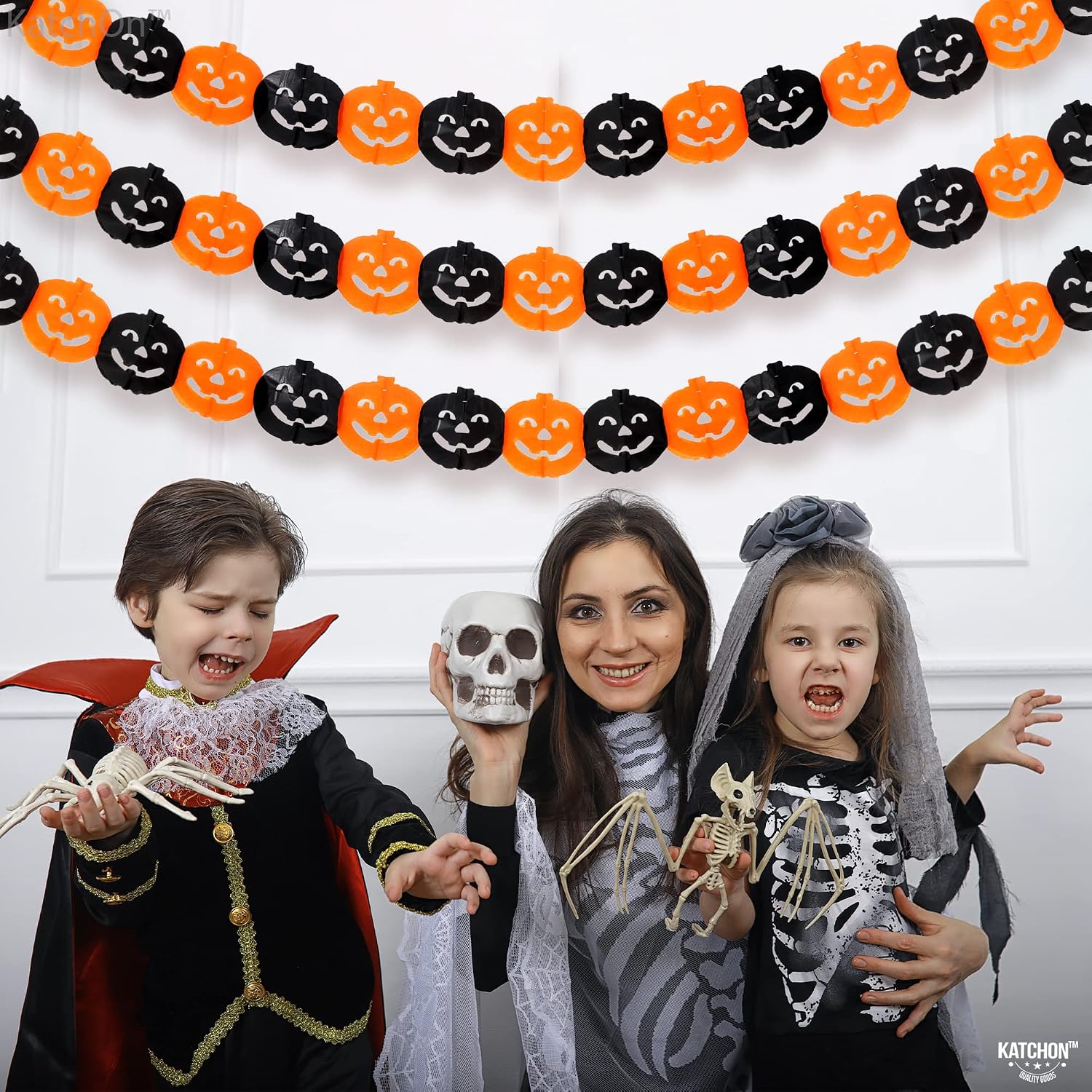 KatchOn, Long Pumpkin Halloween Garland - 10 Feet, 3 Strings, No DIY | Black and Orange Pumpkin Garland for Halloween Party Decorations