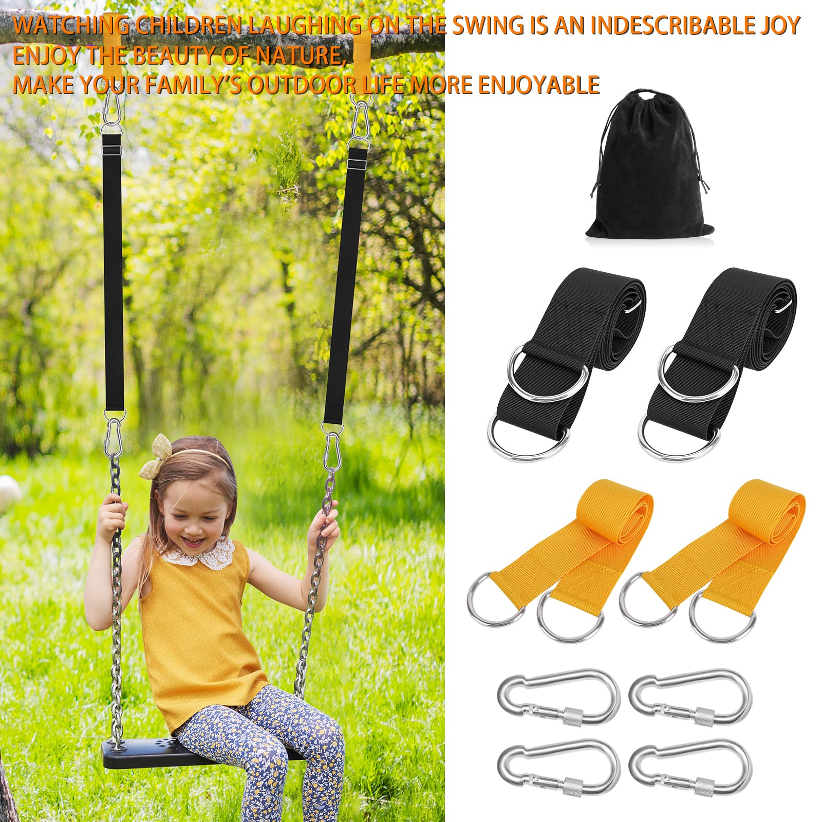 DONILIGA Adjustable Tree Swing Hanging kit Swing Straps for Tree Branch (4 piece suit for Hammock Straps,Tire Swing Kit and Hammock Tree Straps -Adjustable length ?with 4 Locking Carabiners