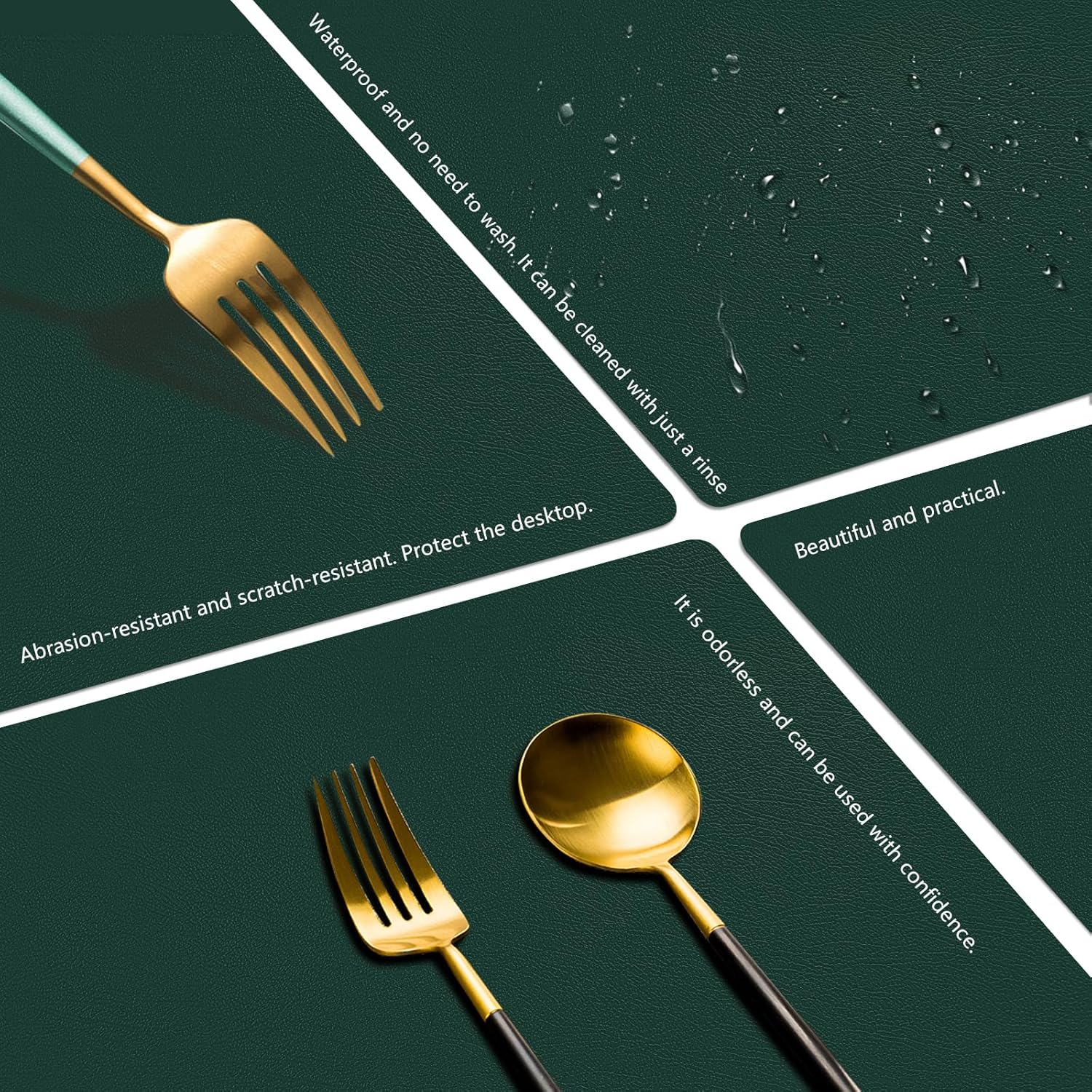 Placemats and Coasters Set of 6, Waterproof、Oil-Proof Wipeable、Anti Slip PVC Leather Place Mats, Heat Resistant Reversible Table Mats for Kitchen, Dining, Outdoor 17’’×12’’, (Dark Green)