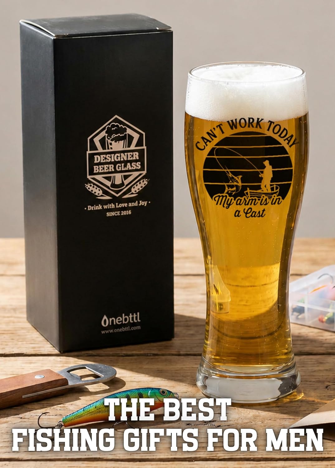 Onebttl Fishing Gifts for Men Unique, 15oz Beer Glass, Funny Gift Idea for Christmas, Father's Day, Birthday, Can't Work Today
