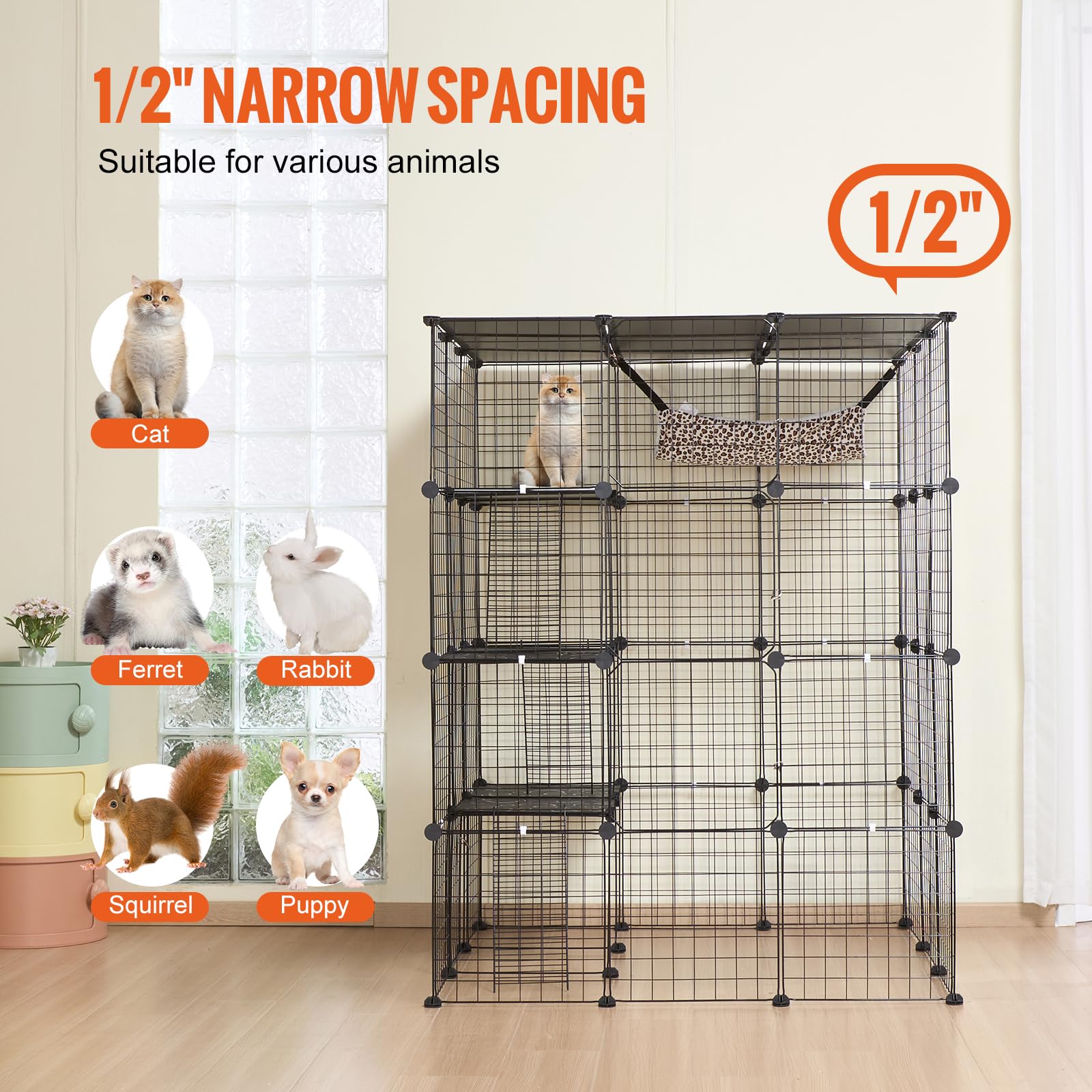 VEVOR Cage Chat 4 Niveaux, Grand Enclos Chats Fil Métallique Modulable Amovible à Monter, avec 4 Portes, Échelles, Hamac, Espace Exercice Extérieur Intérieur pour Petits Animaux, 1041x1041x1397 mm