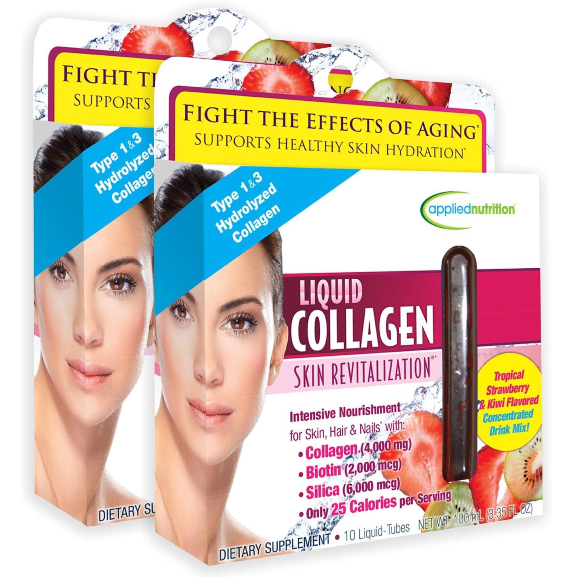 Liquid Collagen Skin Revitalization - 10 Liquid Tubes, Pack of 2 - Collagen, Biotin & Silica - Tropical Strawberry & Kiwi Flavor - 20 Servings