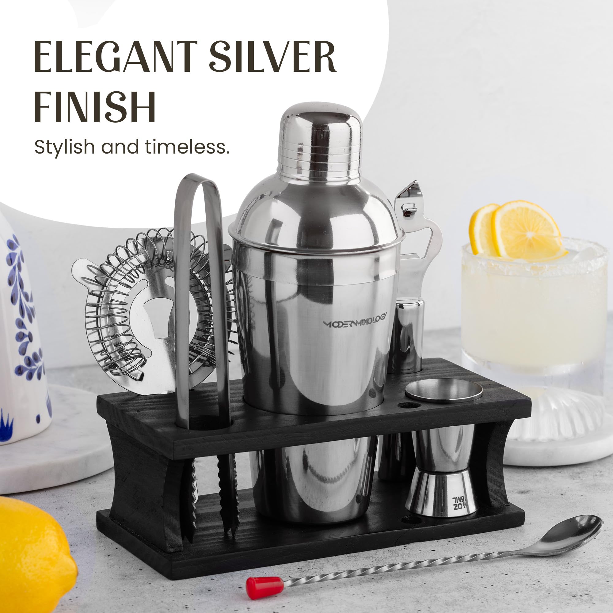 Mixology & Craft Cocktail Set - 8-teiliges Cocktail Shaker Set mit Shaker aus Edelstahl und Bar Zubehör im schwarzen Holzständer - Dekoratives Geschenkset inkl. Cocktail Rezepte - Silber