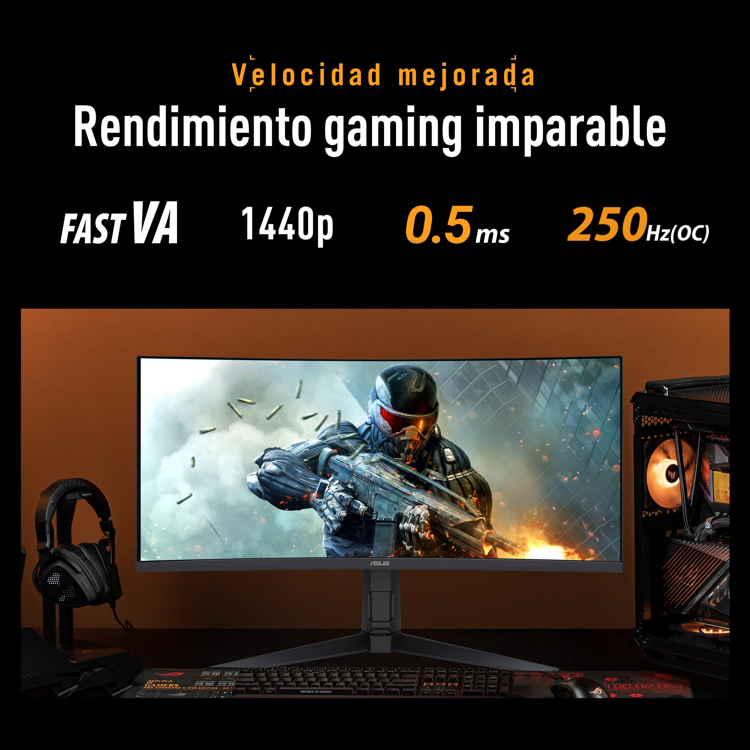ASUS TUF Gaming VG34WQML5A - Monitor con Panel Fast VA WQHD de 34 Pulgadas, diseño Curvo, 250 Hz, 0,5 ms, AMD FreeSync Premium, ELMB, VESA DisplayHDR 400, 95% DCI-P3, DisplayWidget Center, Gaming AI