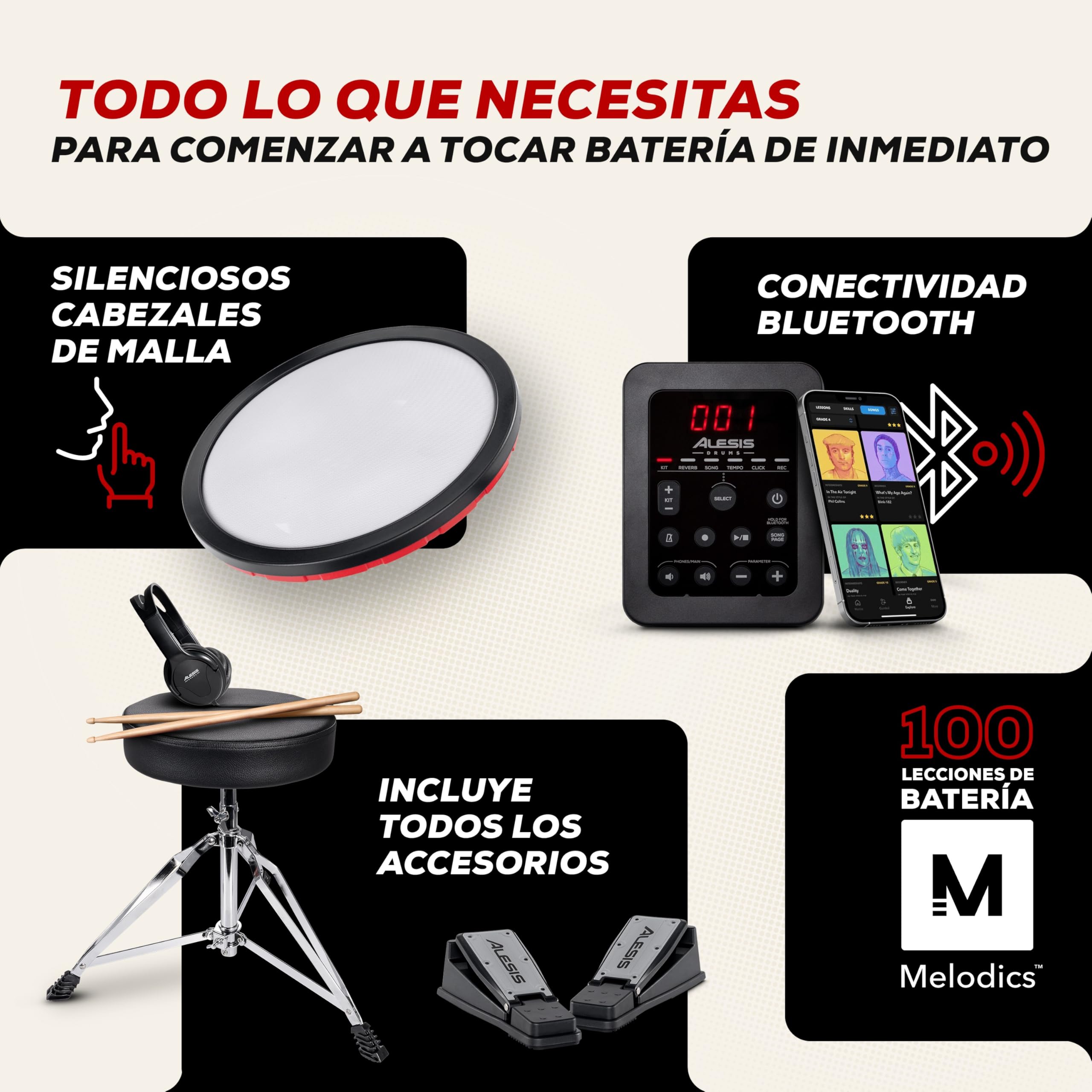 Alesis Turbo Max Batería Electrónica | Compacta, Plegable, Pads de Malla Silenciosos, Toms de 8", Platillos de 8", Bluetooth, Banqueta, Auriculares, Baquetas