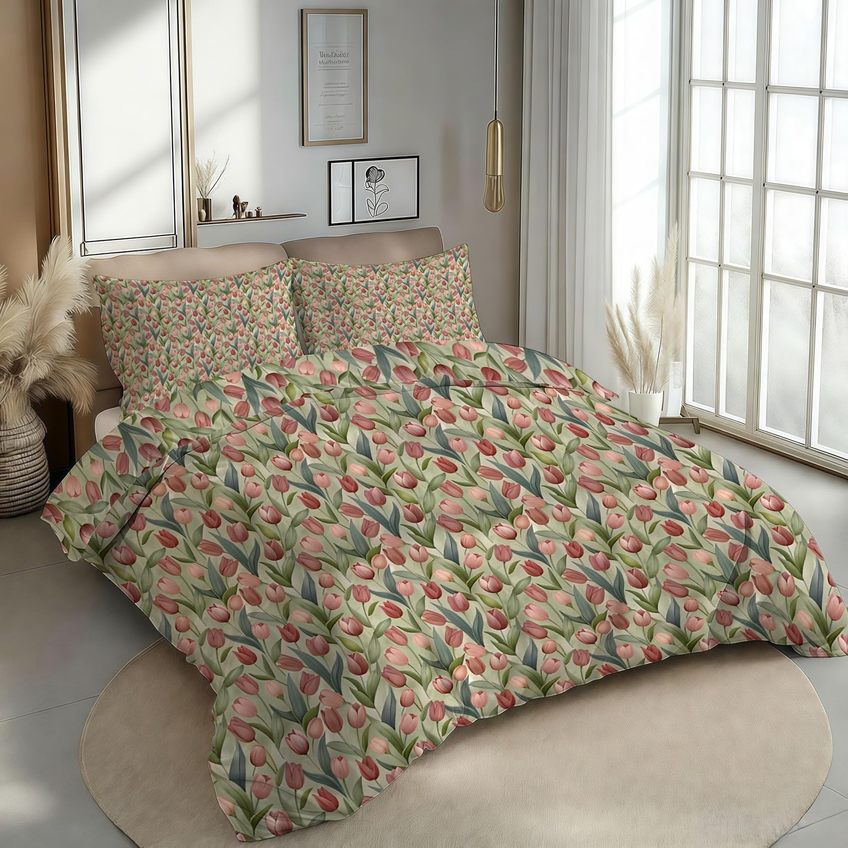 Tulipán Funda Nórdica Cama 105 Juego, Reversible Microfibra Juegos Cama Estilo Acuarela Vintage Funda Edredon 180×220 y 2 Fundas 50x75, con Cremallera, Apto Hombres y Mujeres KF148