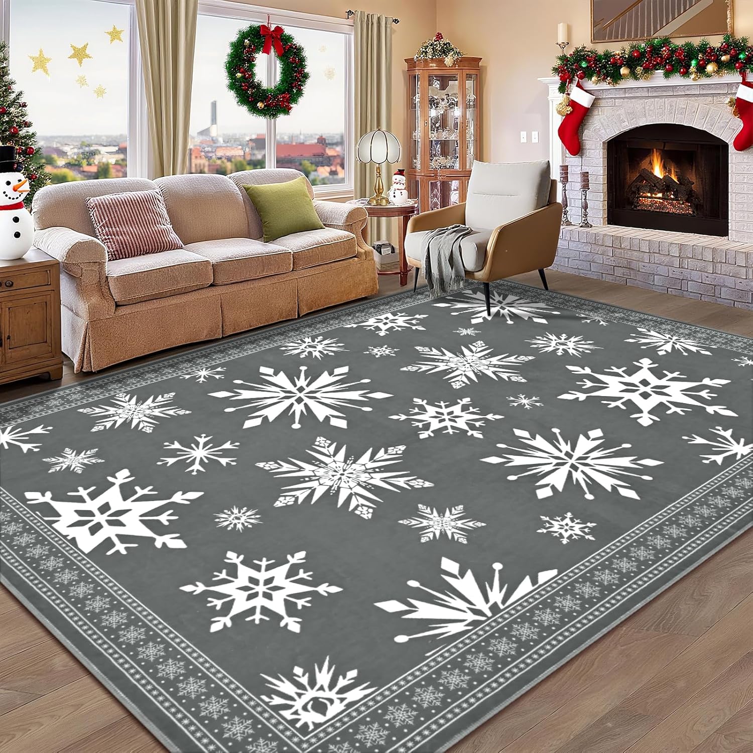 ASPMIZ Christmas Area Rugs 8x10 Living Room Rug, Snowflake Rugs for Bedroom, Grey Washable Rug Gray Low Pile, Non Slip Carpet Soft Faux Wool Throw Carpet for Entryway, Office, Nursery, Grey